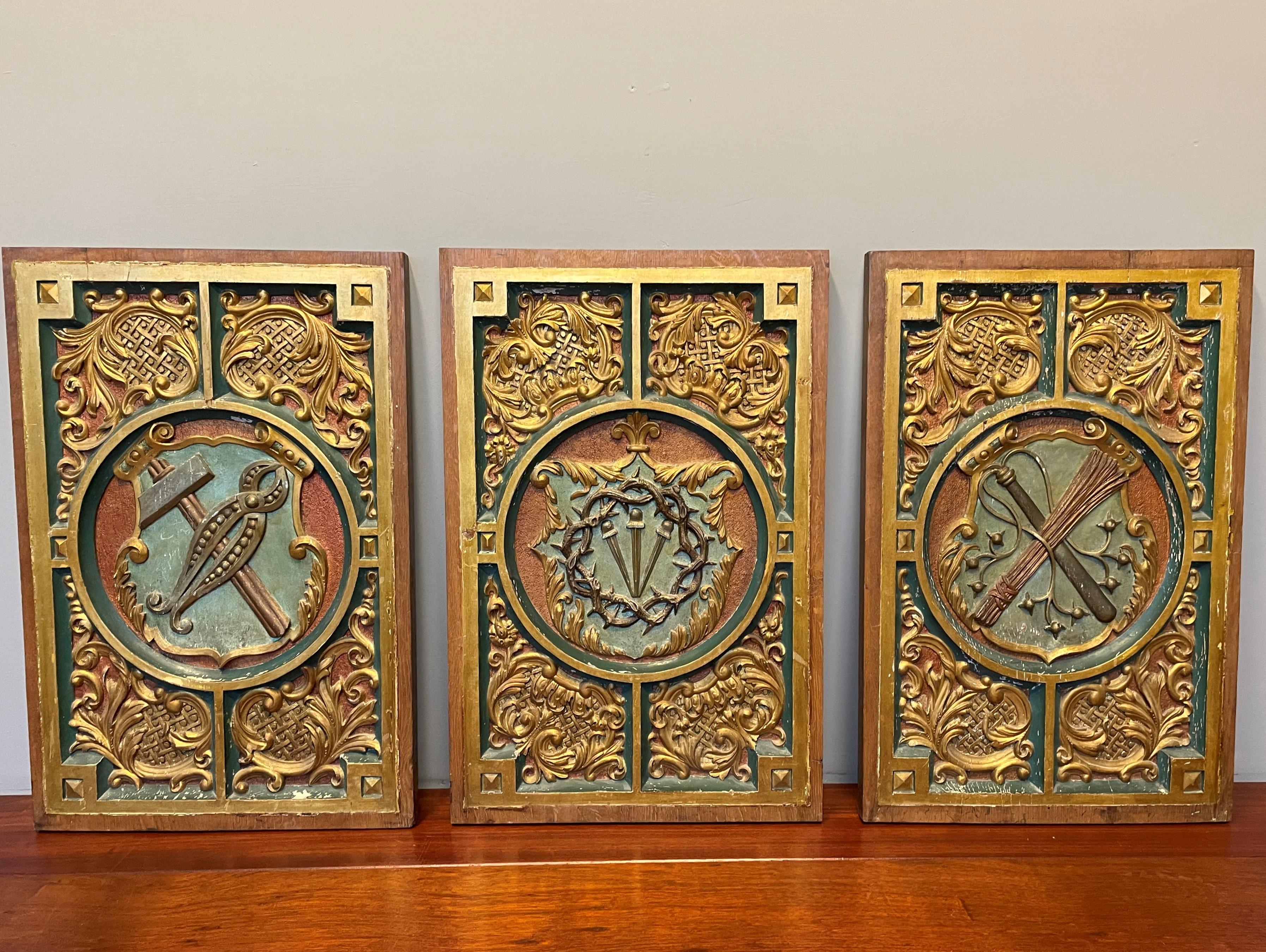 Rare and meaningful, quality hand carved Arma Christi church wall panels.

These handcrafted and meaningful 19th century church relics portray the so called 'Arma Christi' or 'Instruments of the Passion'. The objects that are hand carved and hand