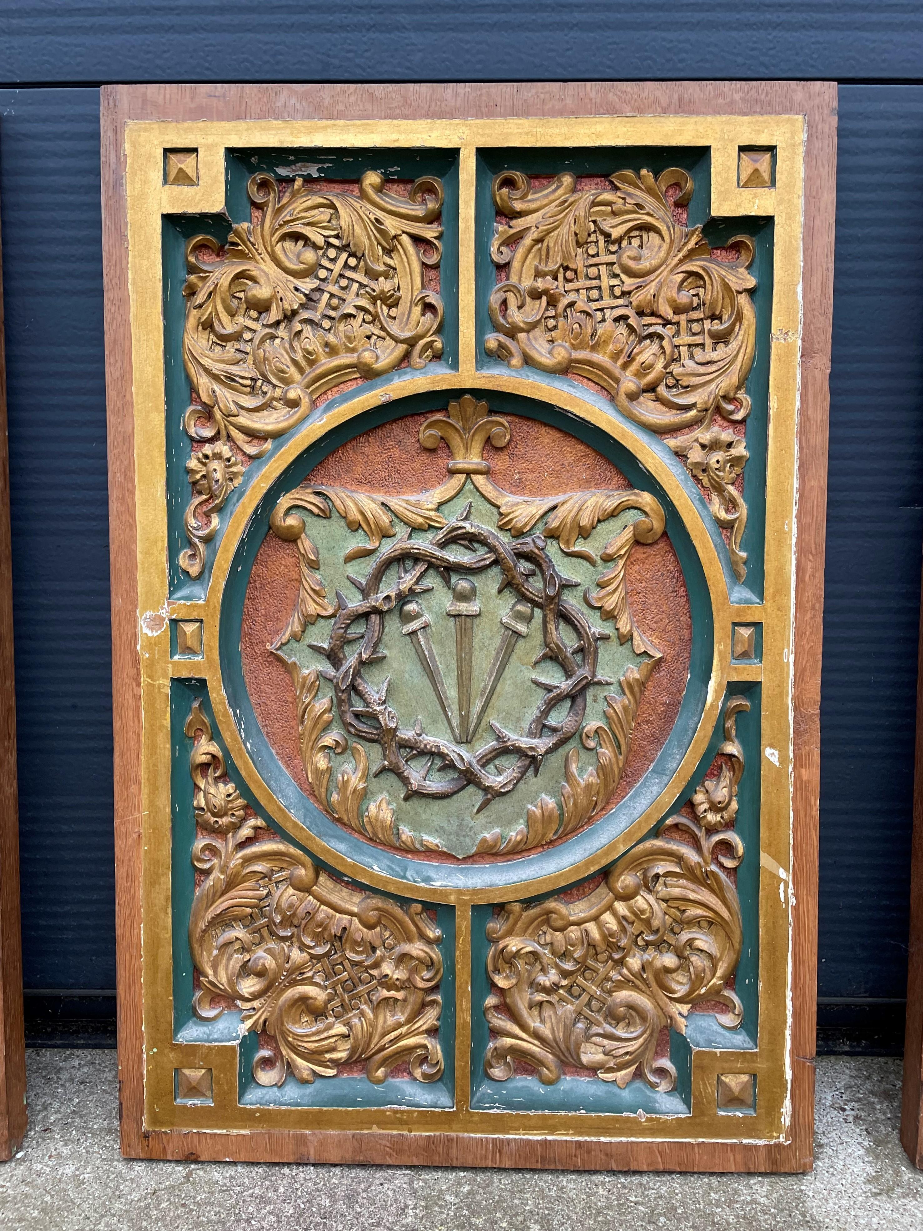 Baroque Revival Antique Hand Carved, Gilt and Painted Solid Oak Panels with Arma Christi Symbols For Sale