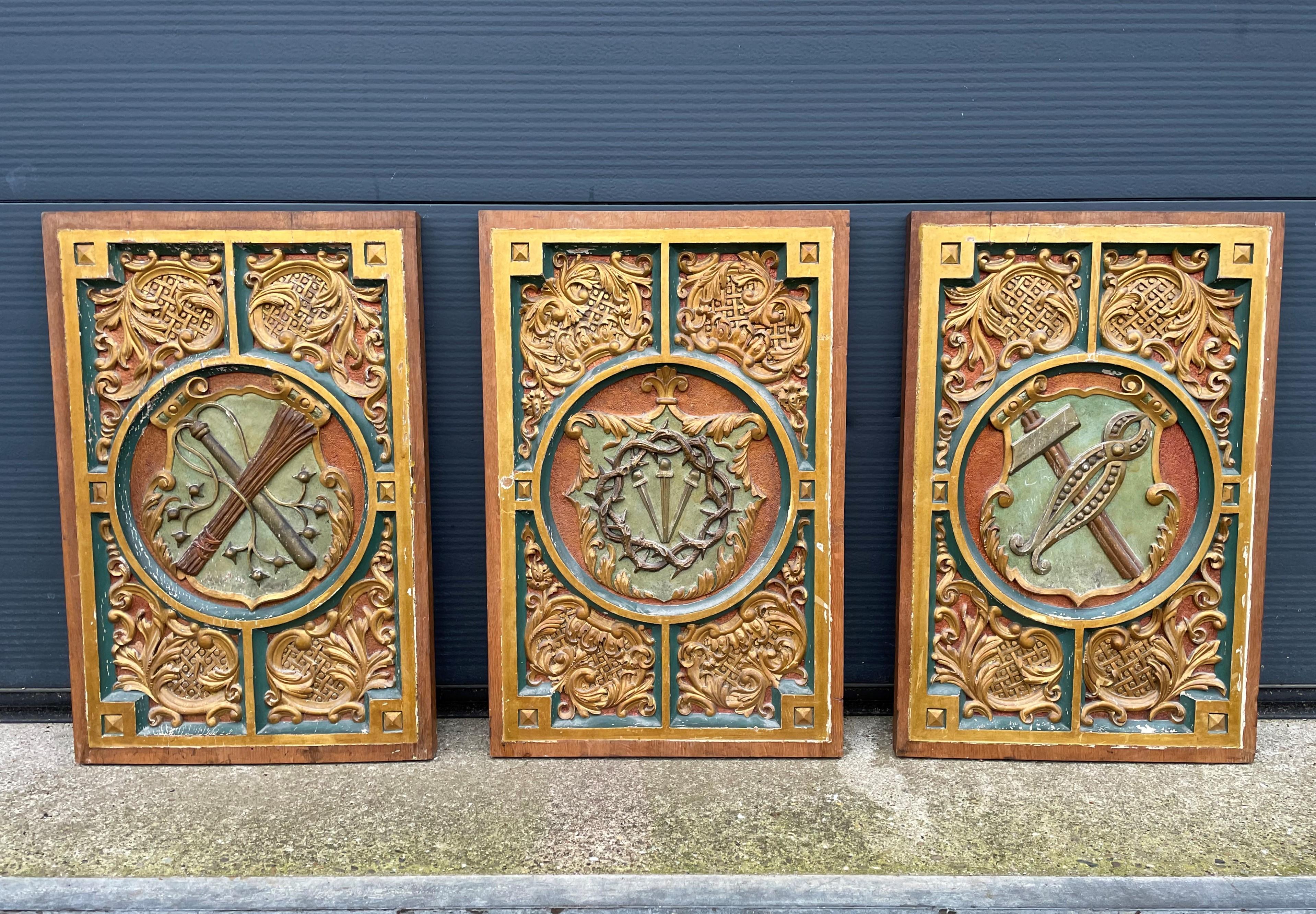 19th Century Antique Hand Carved, Gilt and Painted Solid Oak Panels with Arma Christi Symbols For Sale