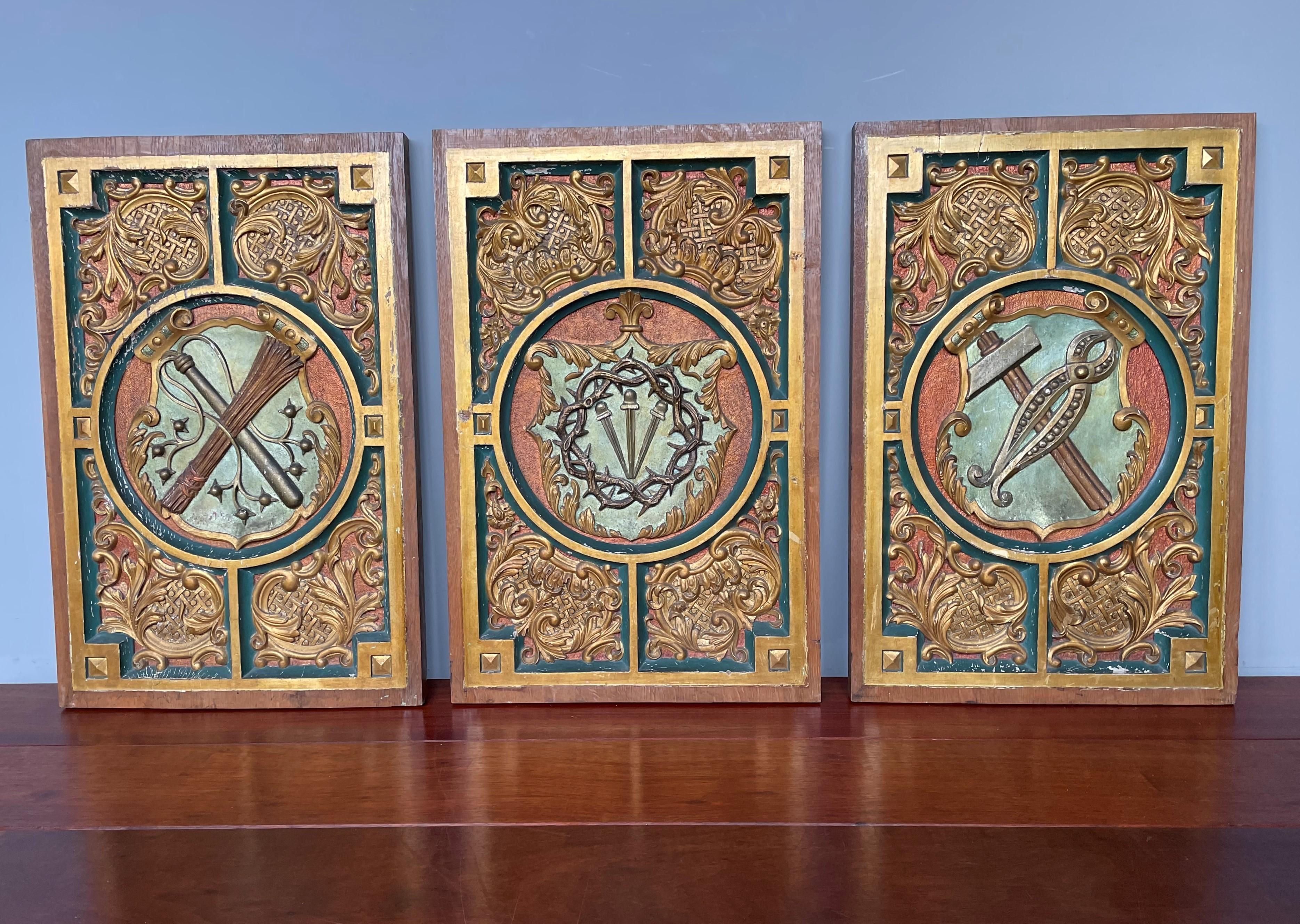 Antique Hand Carved, Gilt and Painted Solid Oak Panels with Arma Christi Symbols For Sale 1