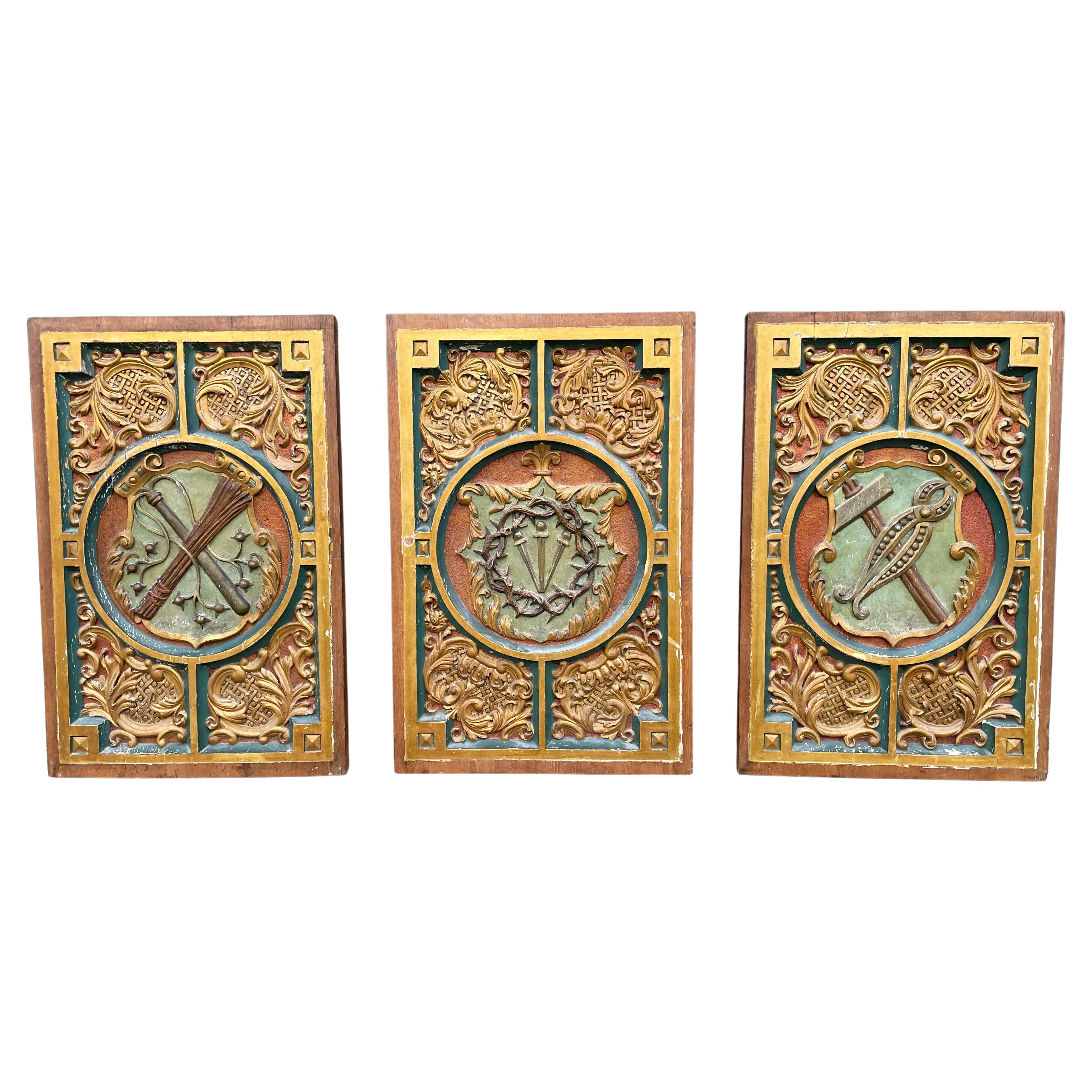 Antique Hand Carved, Gilt and Painted Solid Oak Panels with Arma Christi Symbols
