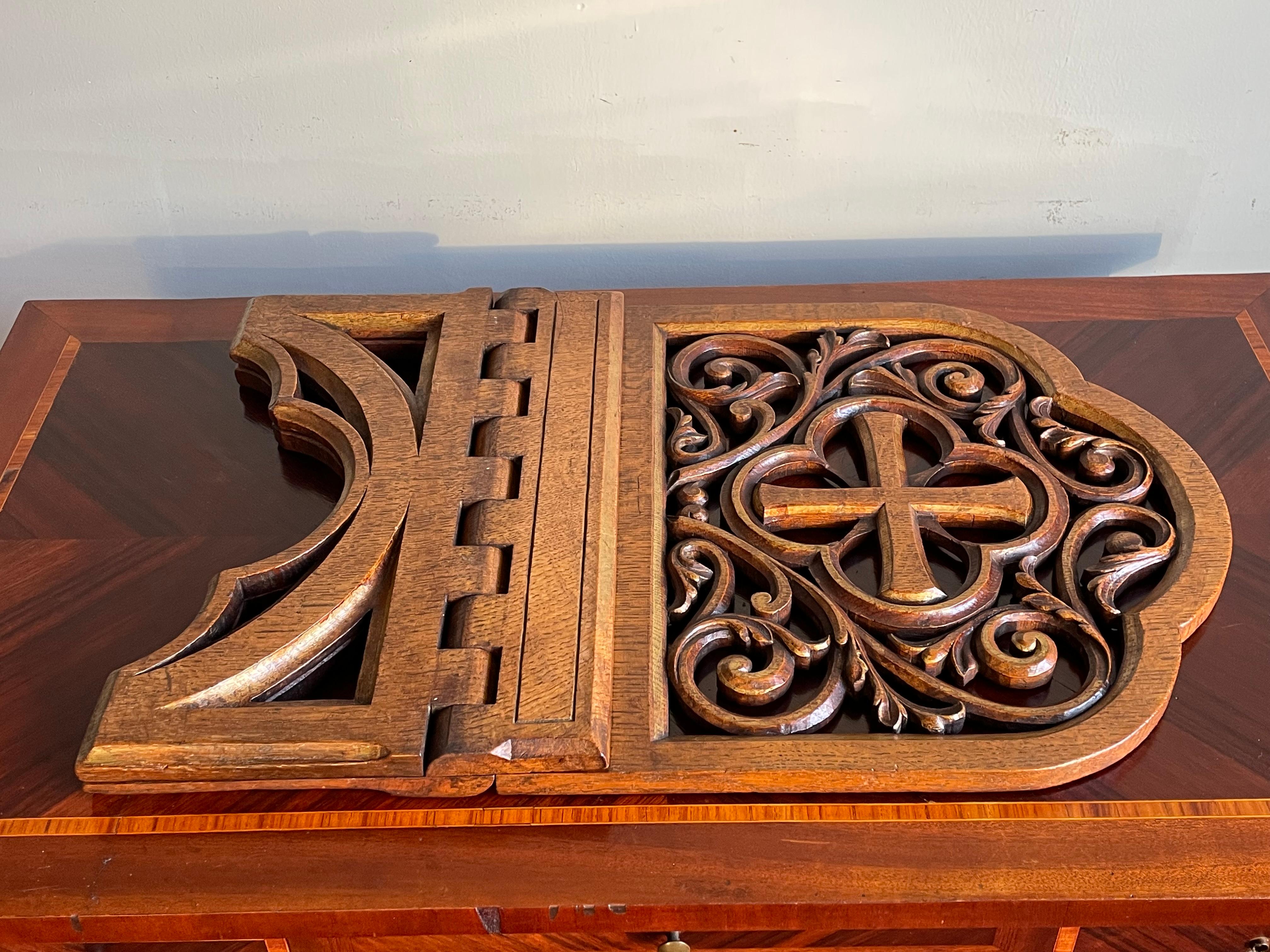 Antique Hand Carved & Gilt Oak Gothic Revival Bible Stand with Quatrefoil Symbol 4