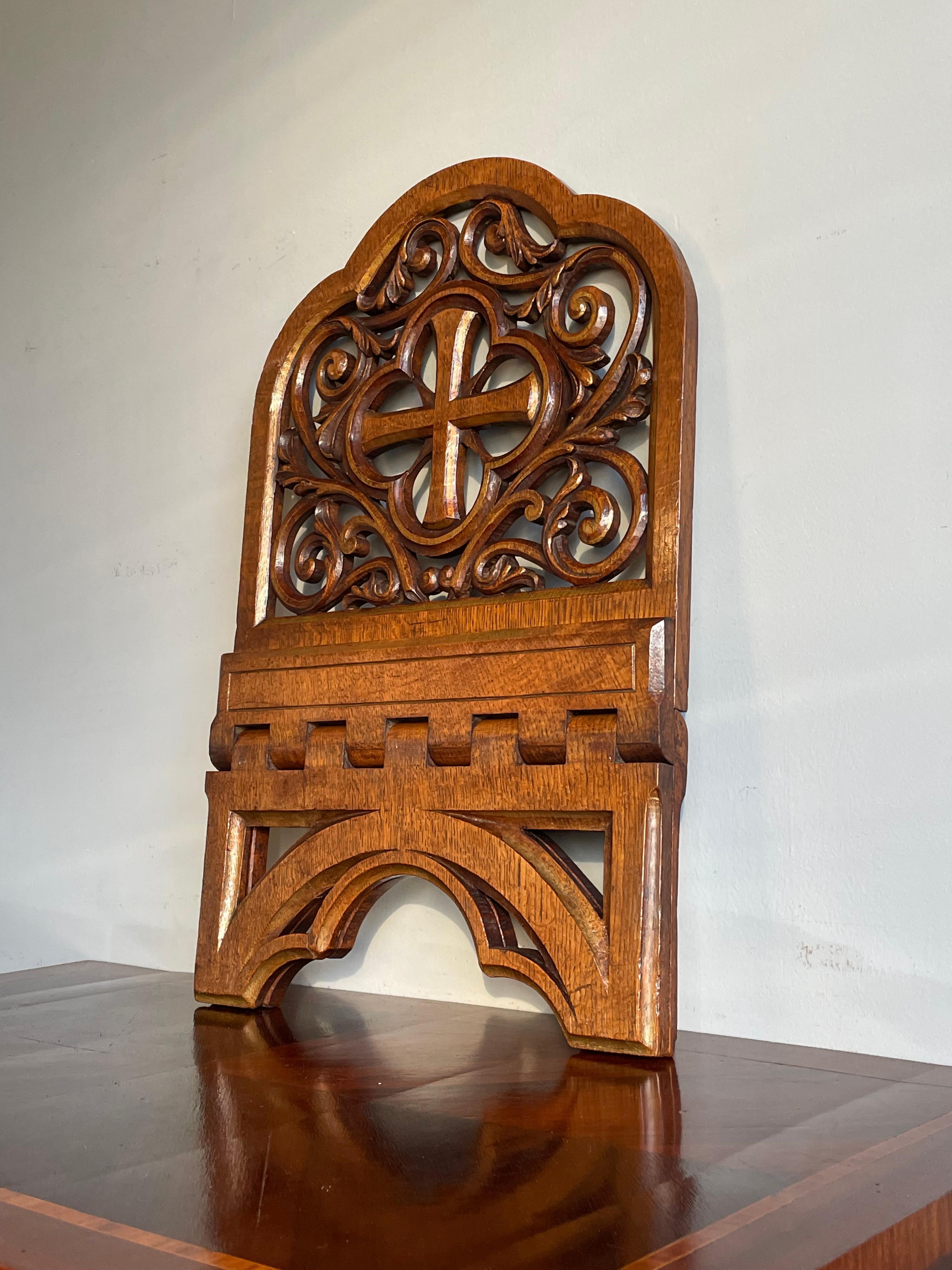 Antique Hand Carved & Gilt Oak Gothic Revival Bible Stand with Quatrefoil Symbol 6