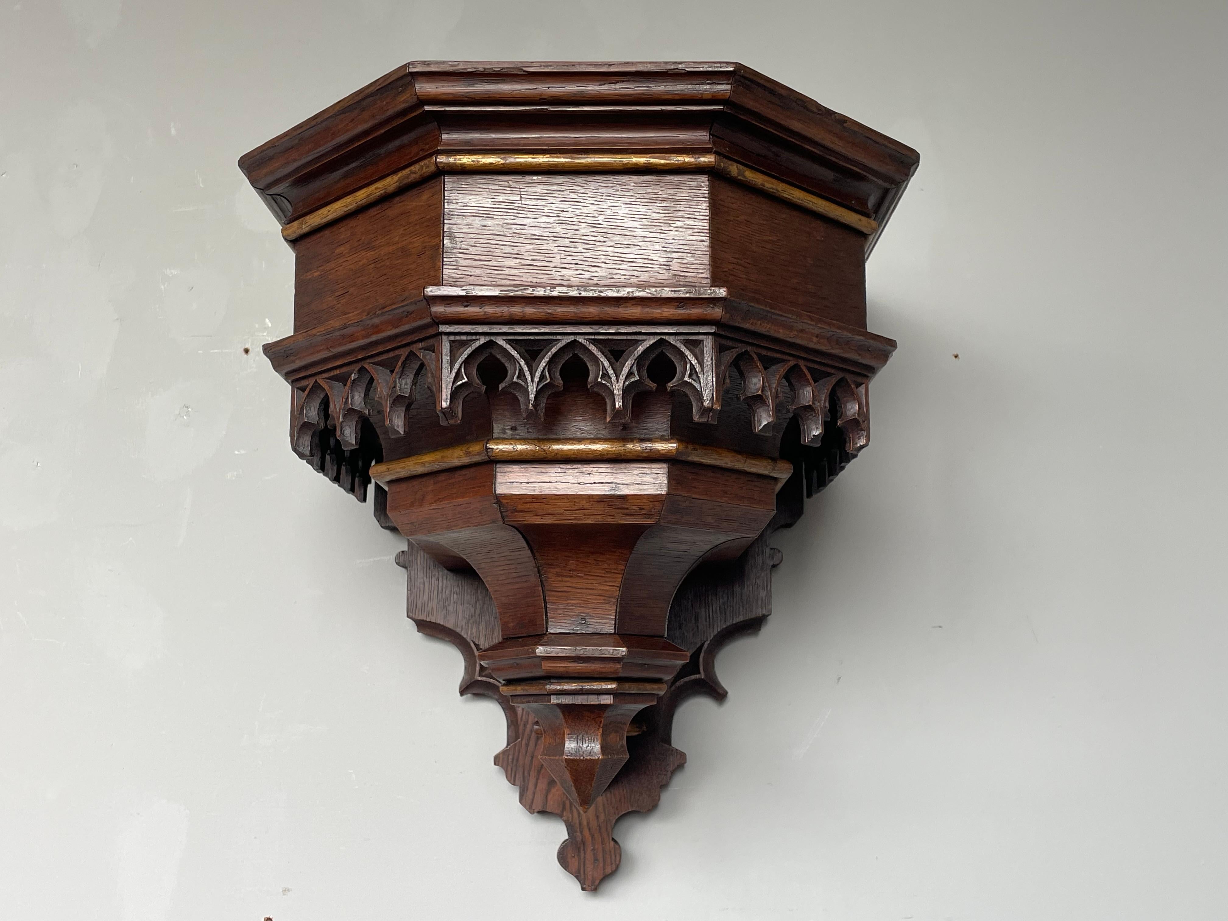 Antiguo Soporte de Pared, Estante / Ménsula de Roble Tallado a Mano y Dorado del Renacimiento Gótico 1800s 4