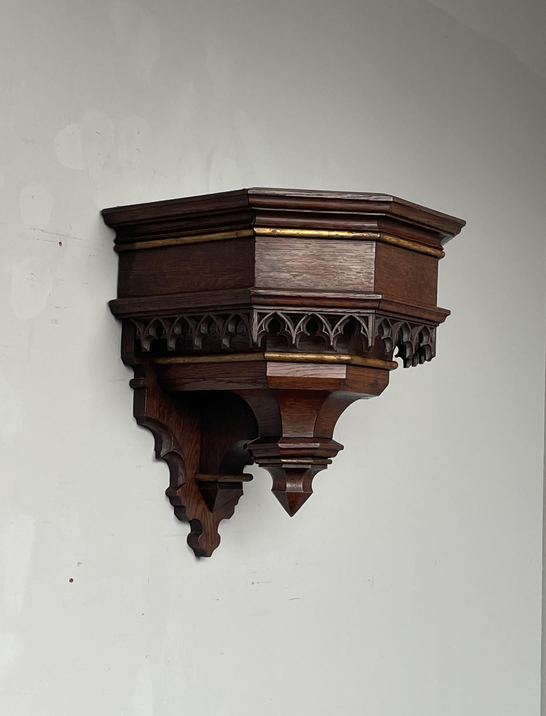 Antiguo Soporte de Pared, Estante / Ménsula de Roble Tallado a Mano y Dorado del Renacimiento Gótico 1800s 6