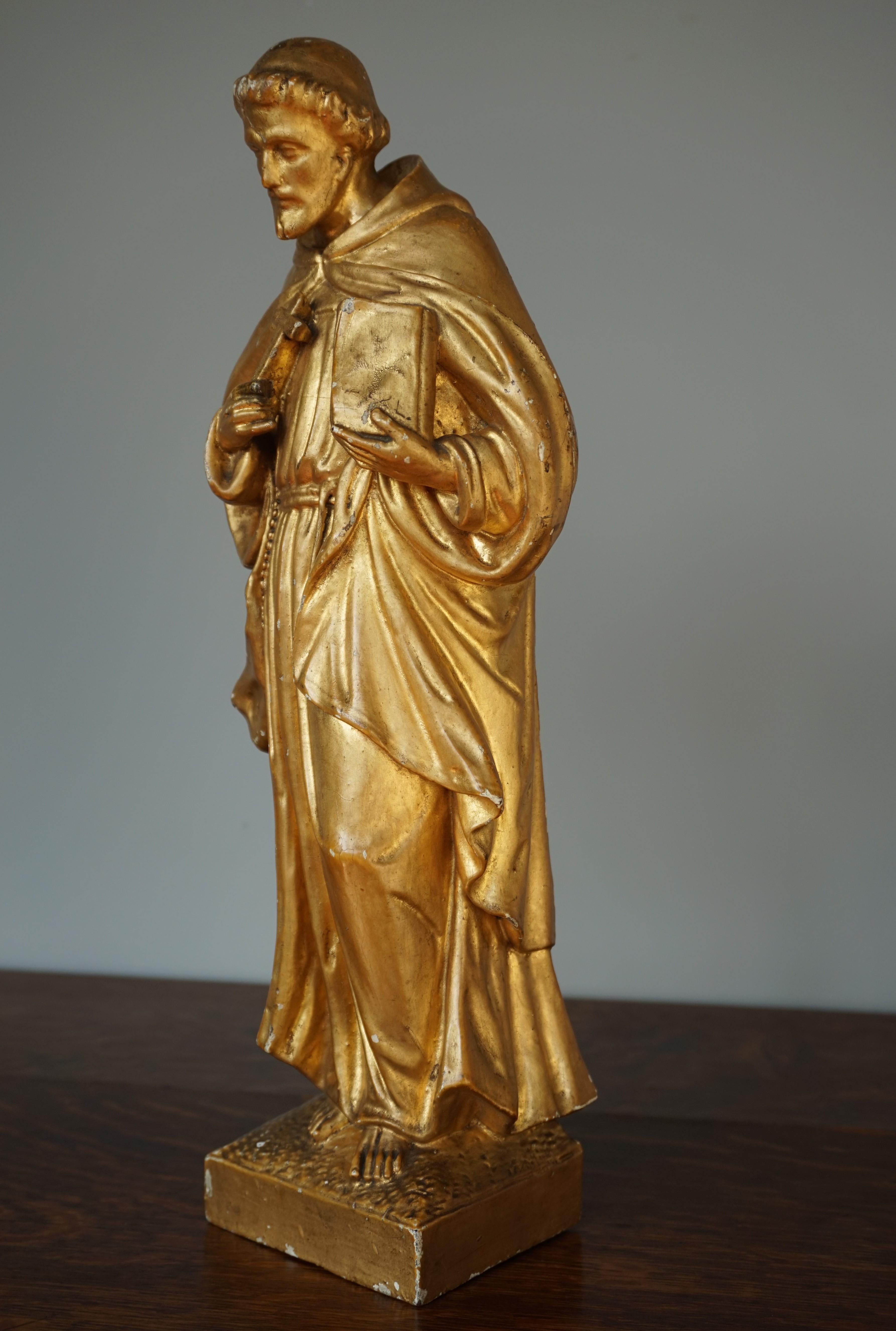 Antique Hand Carved Gilt Wooden Church Statue of Saint Francis & Clare of Assisi For Sale 7