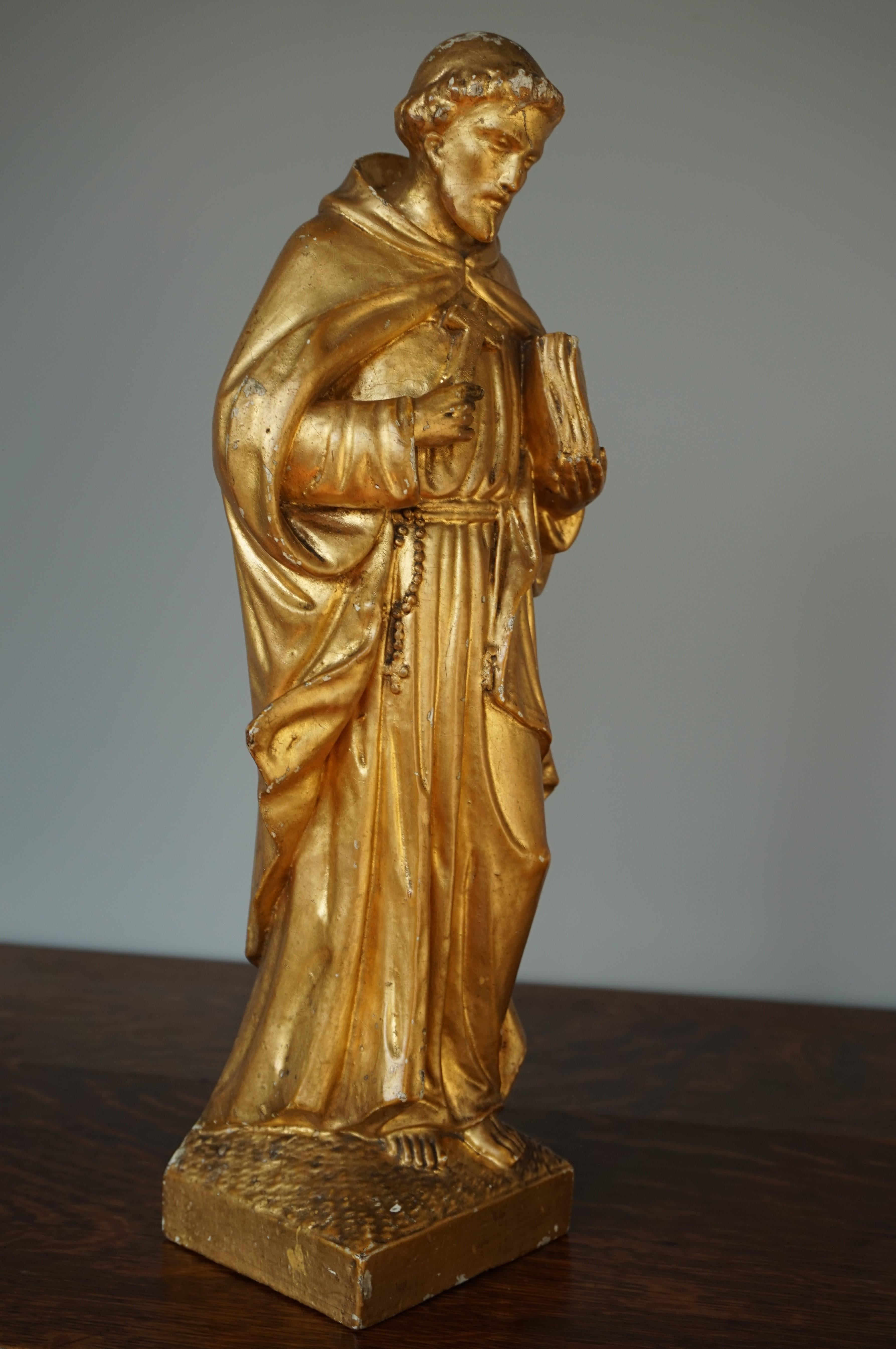 Antique Hand Carved Gilt Wooden Church Statue of Saint Francis & Clare of Assisi For Sale 8
