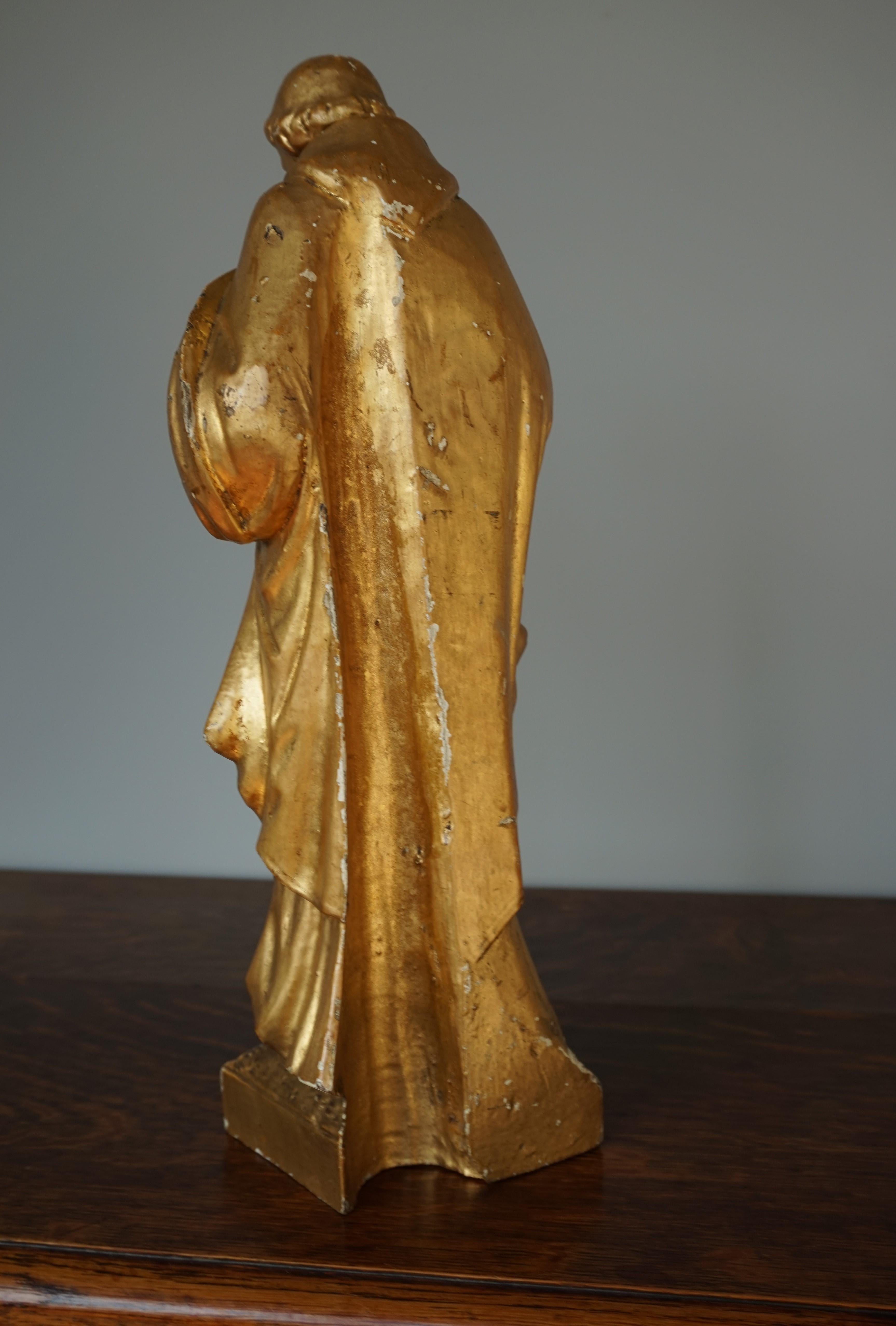 Antique Hand Carved Gilt Wooden Church Statue of Saint Francis & Clare of Assisi For Sale 6