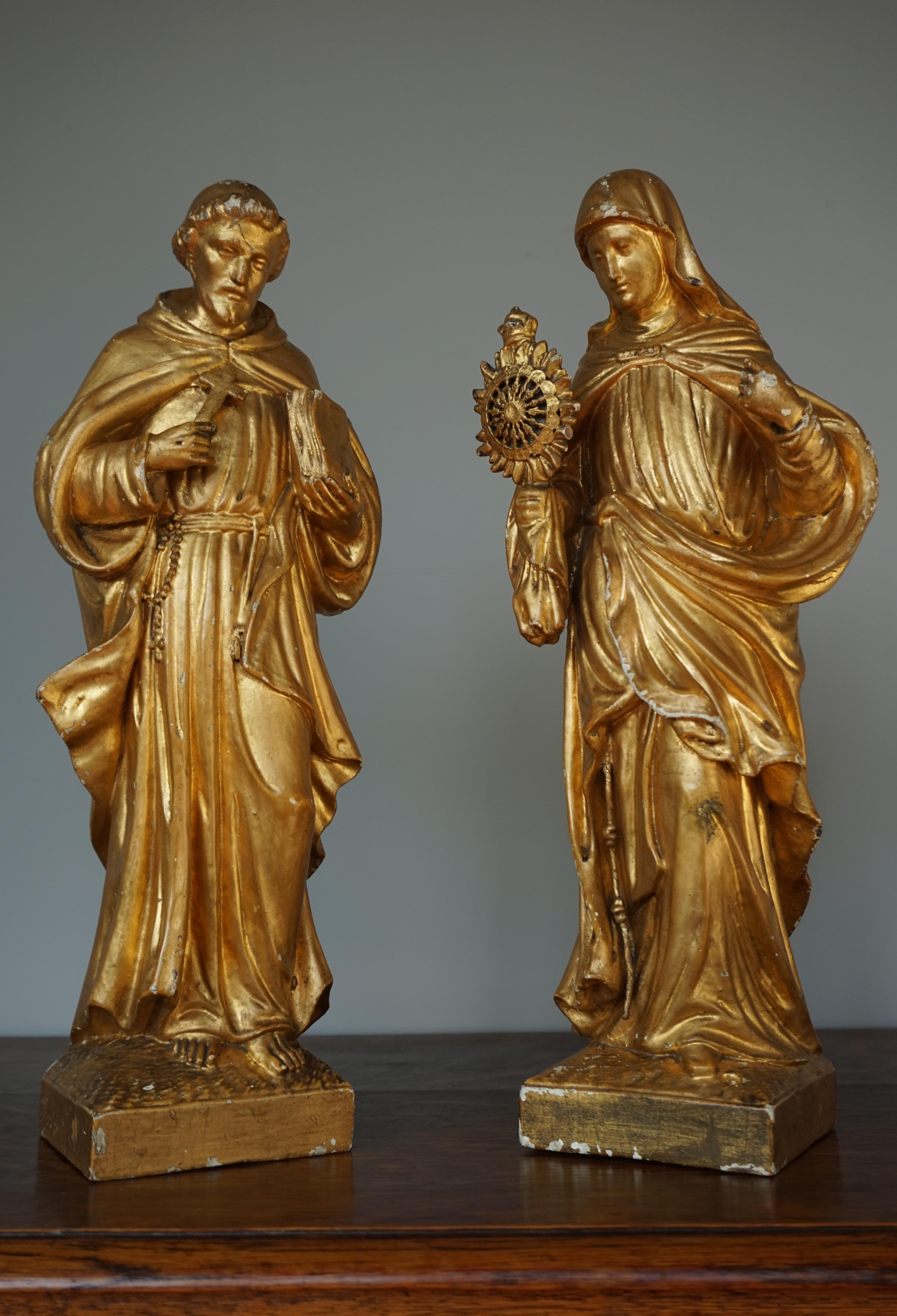 Antique Hand Carved Gilt Wooden Church Statue of Saint Francis & Clare of Assisi For Sale 7