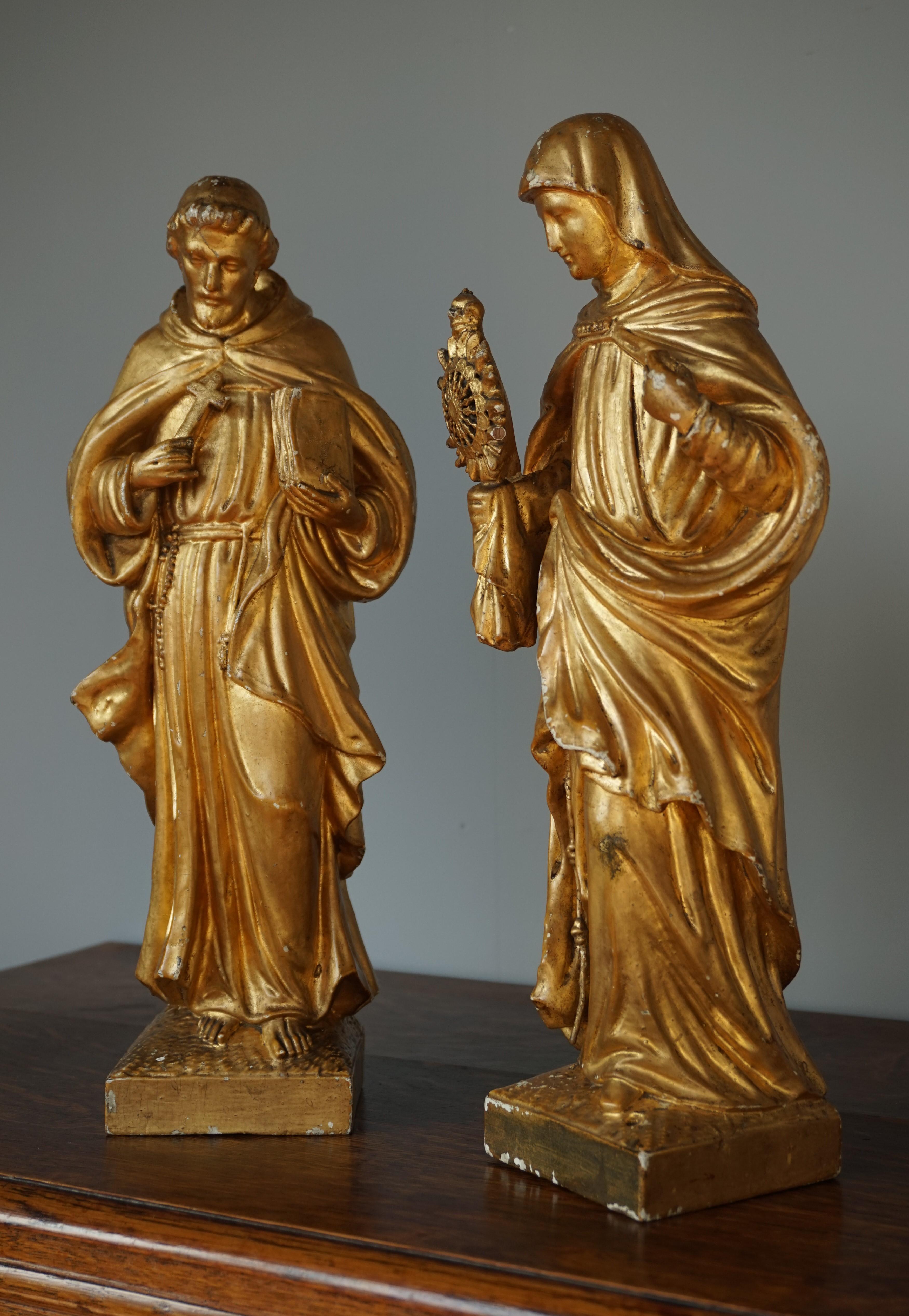 Antique Hand Carved Gilt Wooden Church Statue of Saint Francis & Clare of Assisi For Sale 10