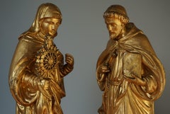 Antique Hand Carved Gilt Wooden Church Statue of Saint Francis & Clare of Assisi