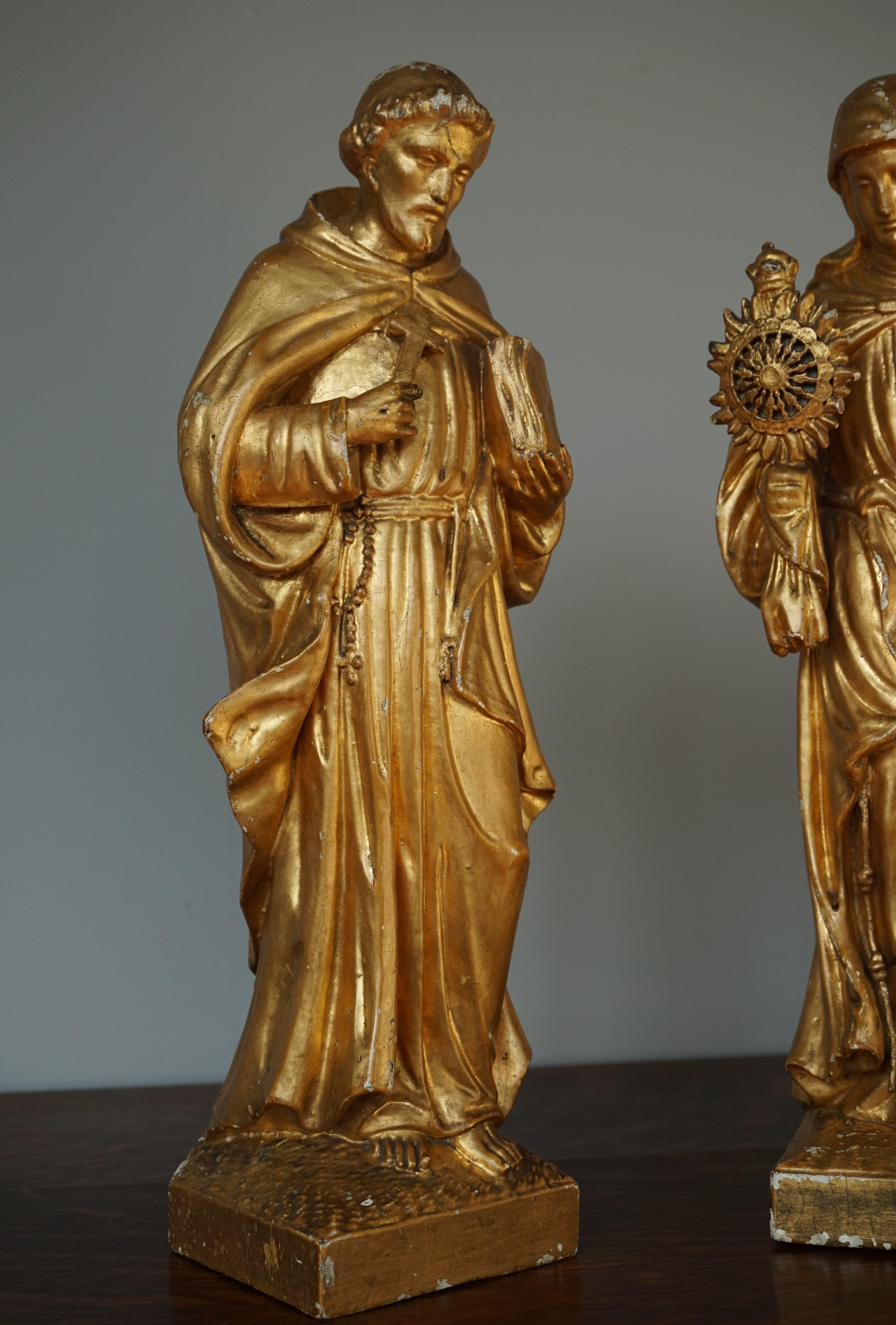 Renaissance Antique Hand Carved Gilt Wooden Church Statue of Saint Francis & Clare of Assisi For Sale