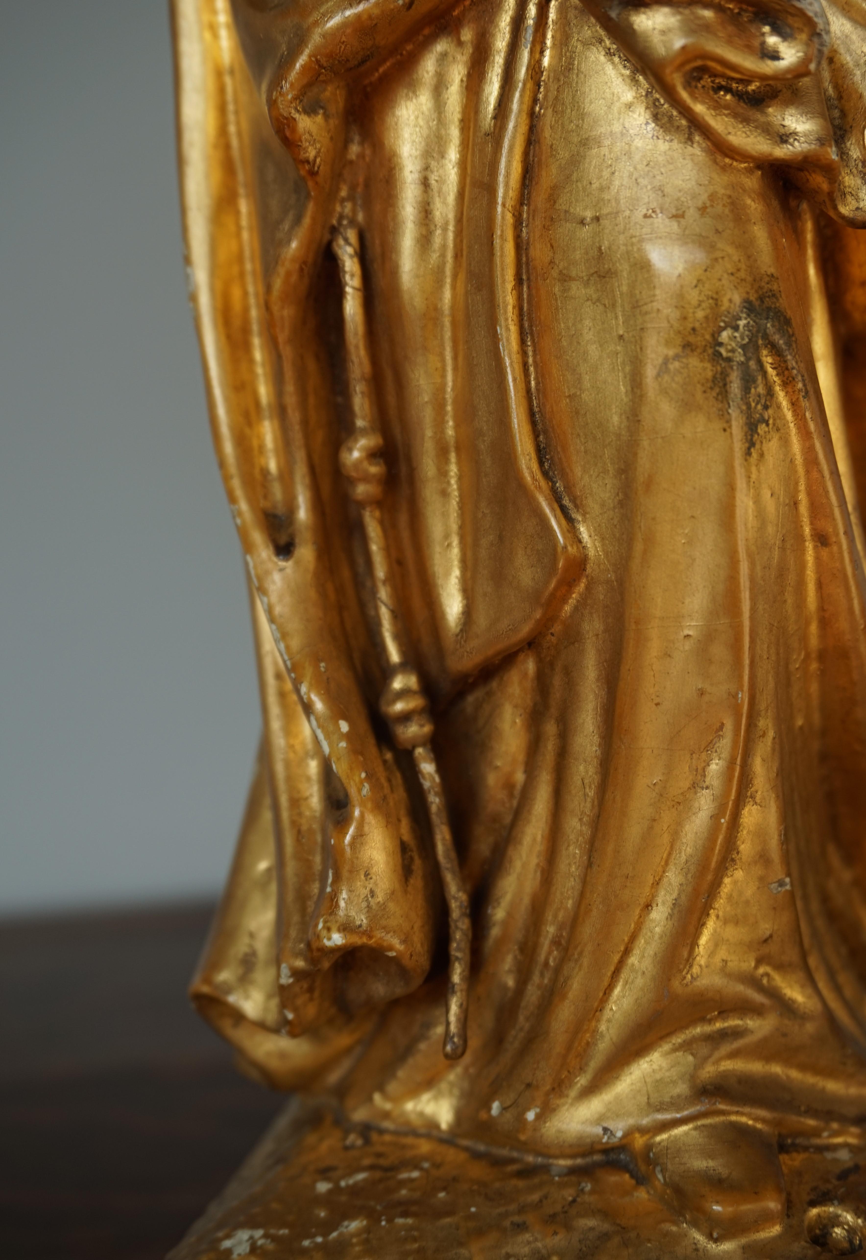Renaissance Antique Hand Carved Gilt Wooden Church Statue of Saint Francis & Clare of Assisi