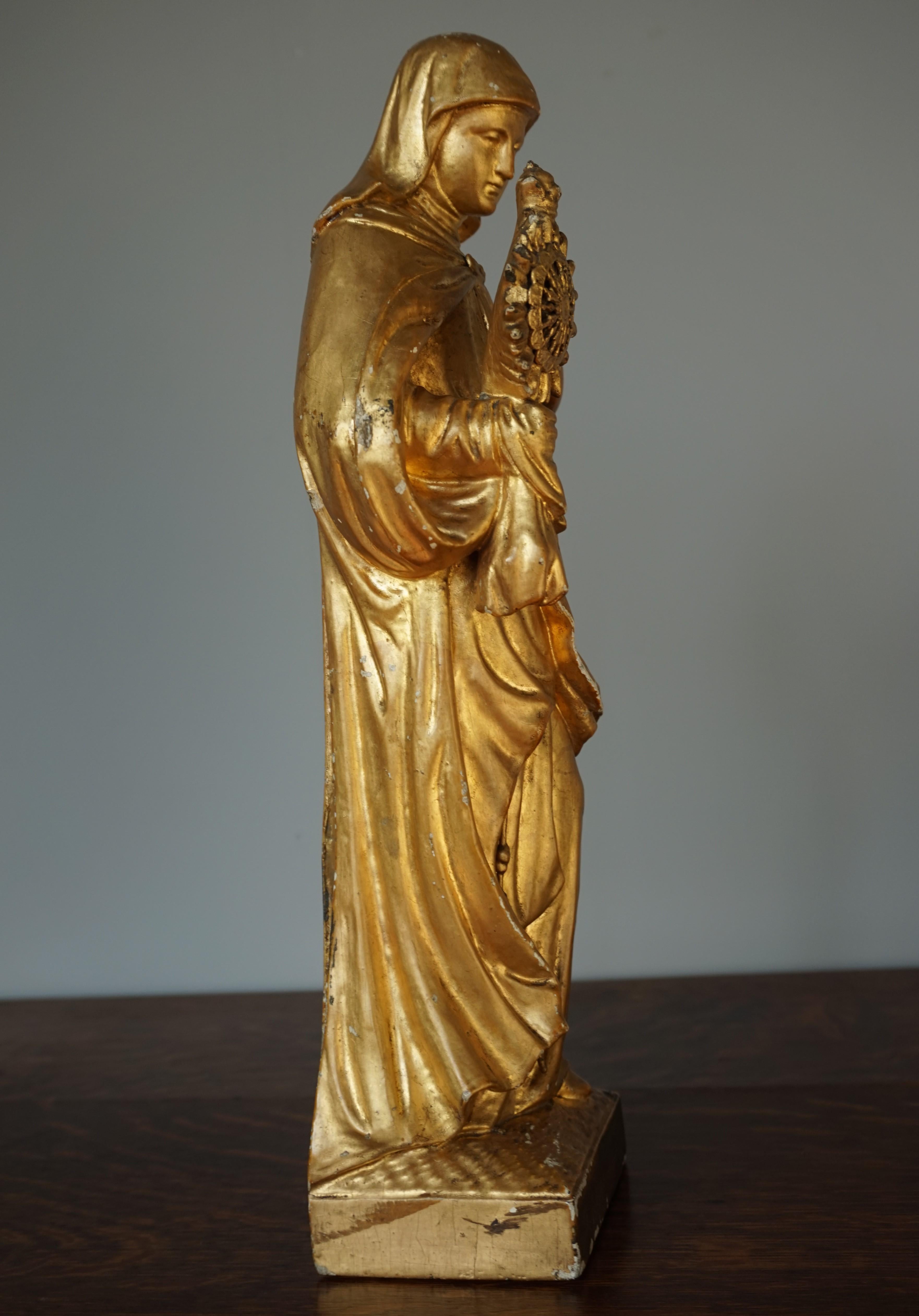 European Antique Hand Carved Gilt Wooden Church Statue of Saint Francis & Clare of Assisi