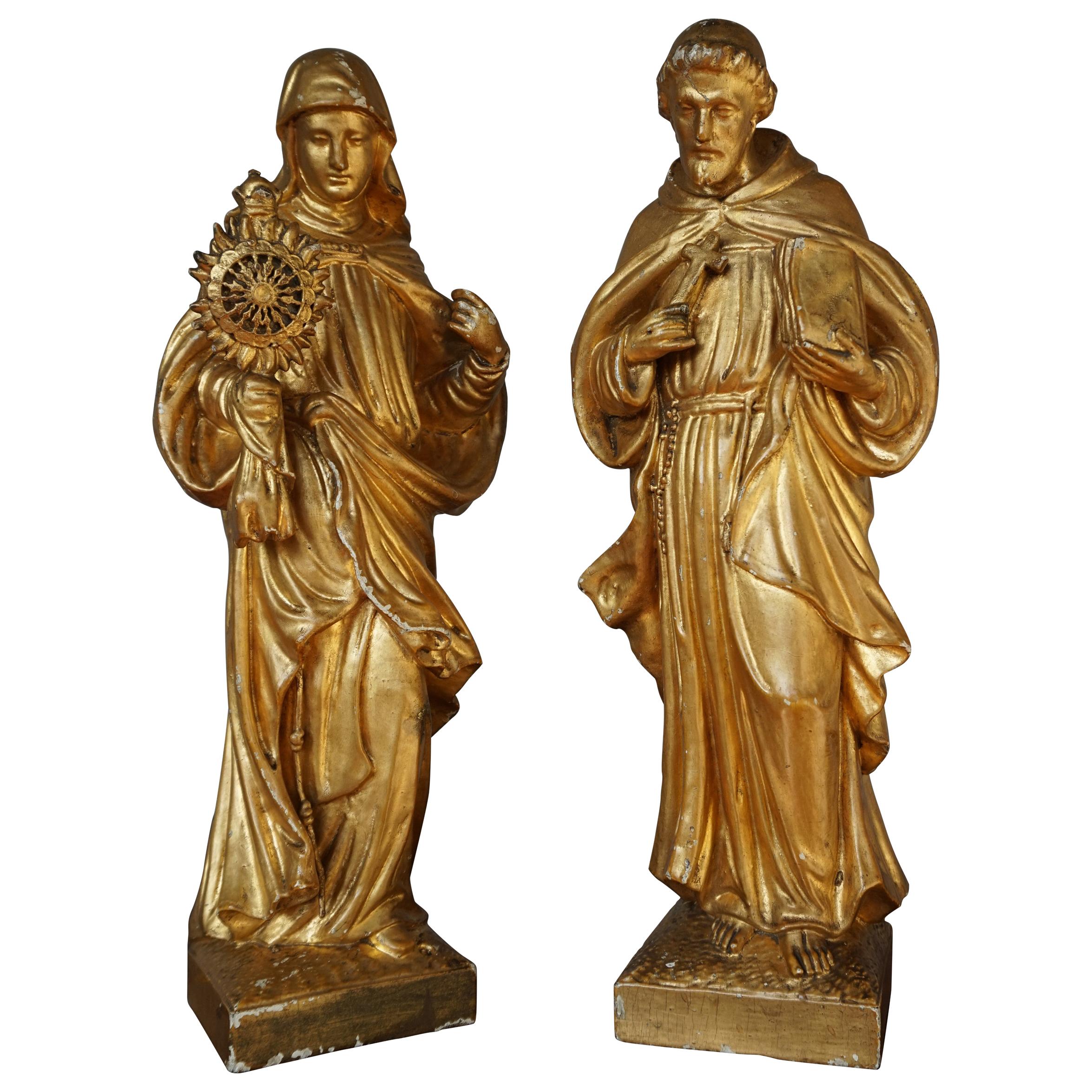 Antique Hand Carved Gilt Wooden Church Statue of Saint Francis & Clare of Assisi