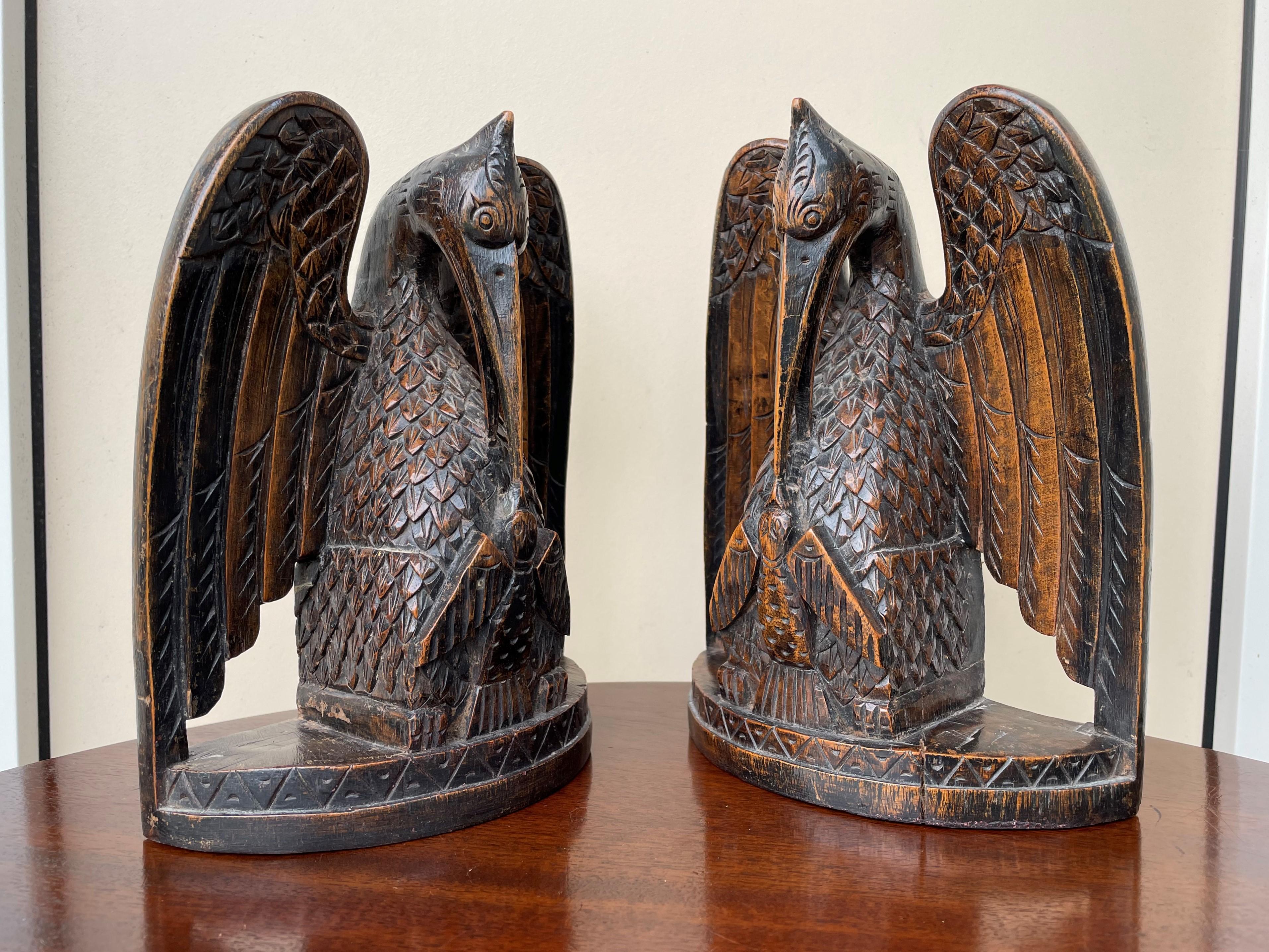 19th Century Antique Hand Carved Gothic Art Feeding Pelicans as Symbol of Christ Bookends
