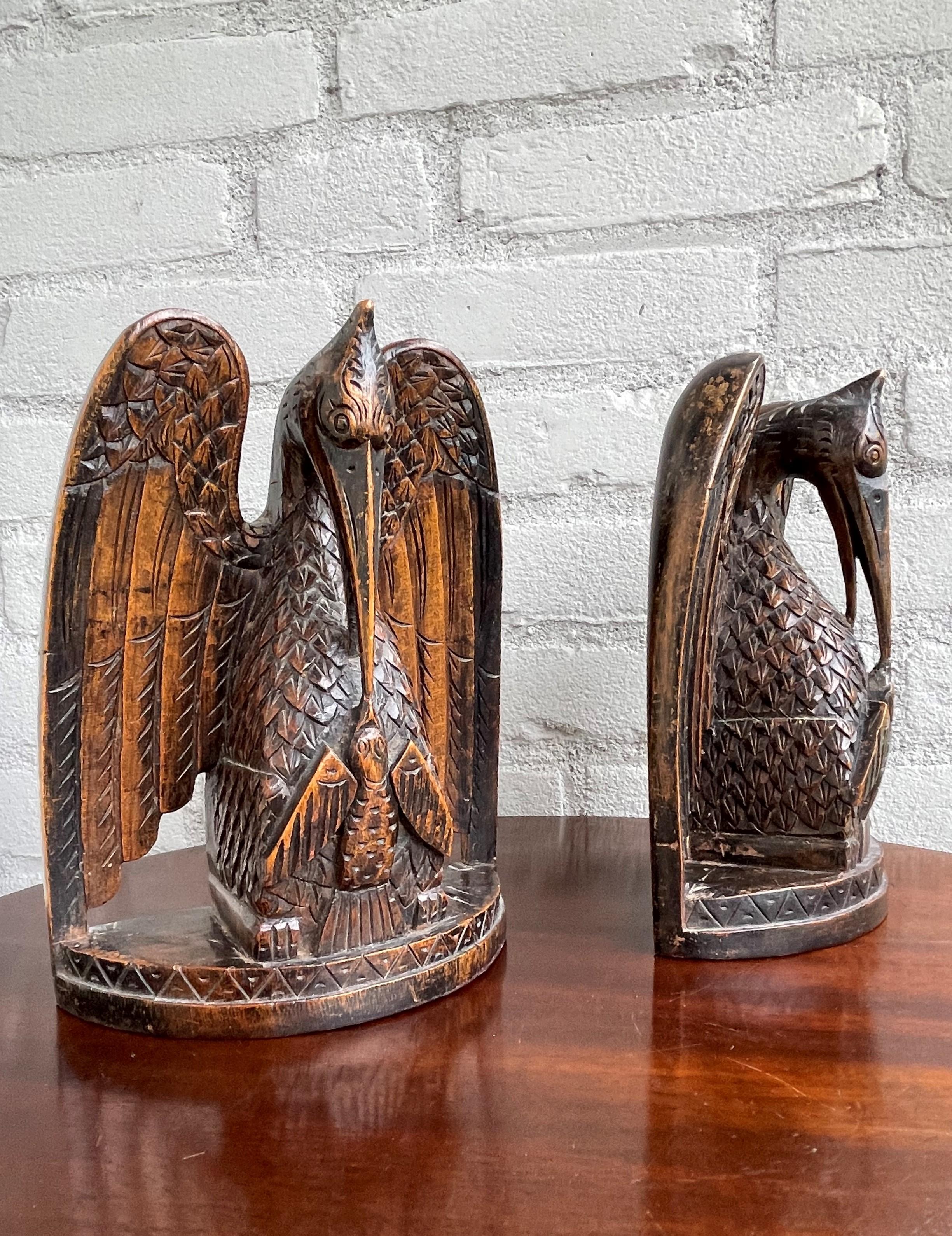 Walnut Antique Hand Carved Gothic Art Feeding Pelicans as Symbol of Christ Bookends