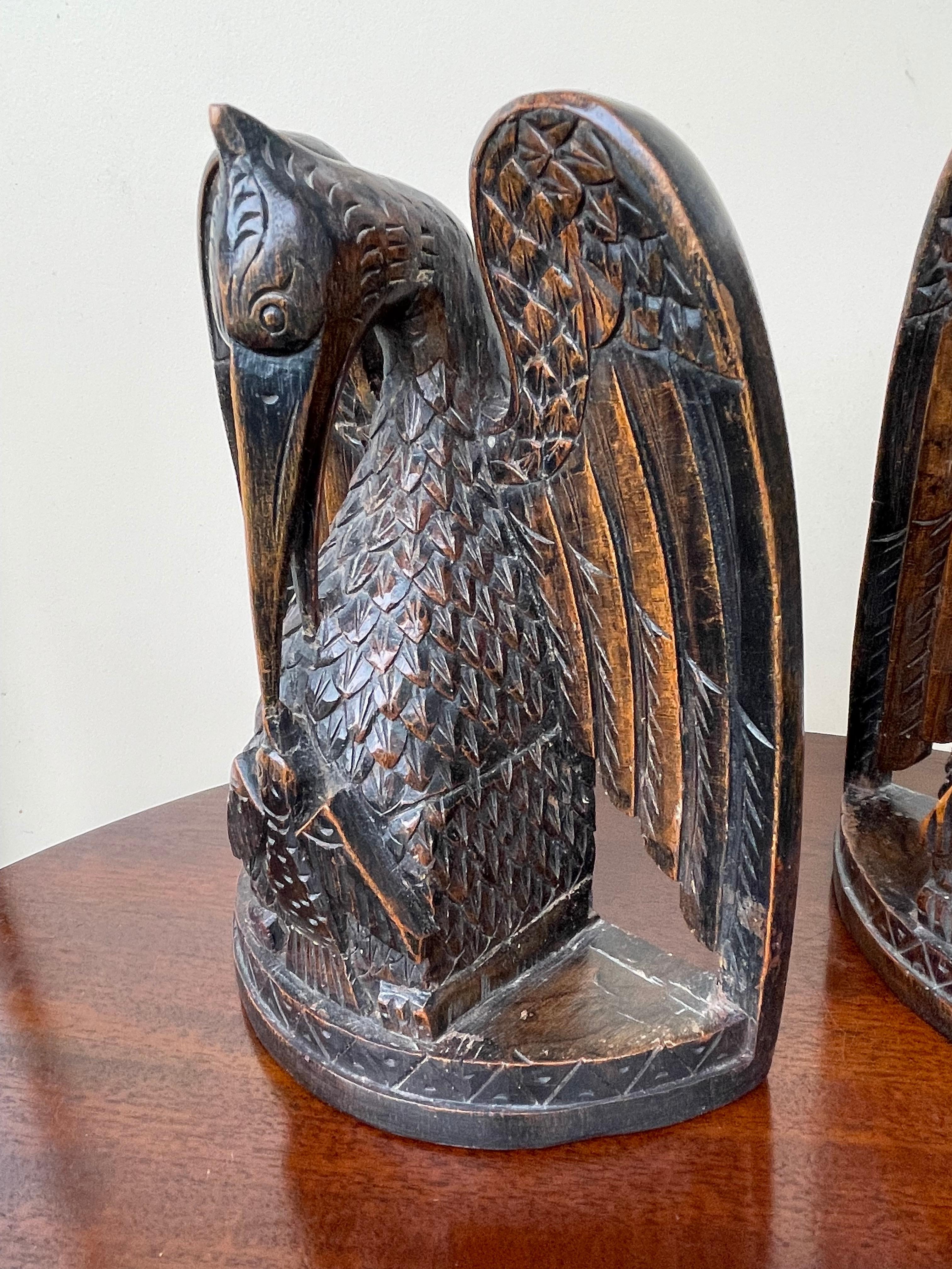 Antique Hand Carved Gothic Art Feeding Pelicans as Symbol of Christ Bookends 6