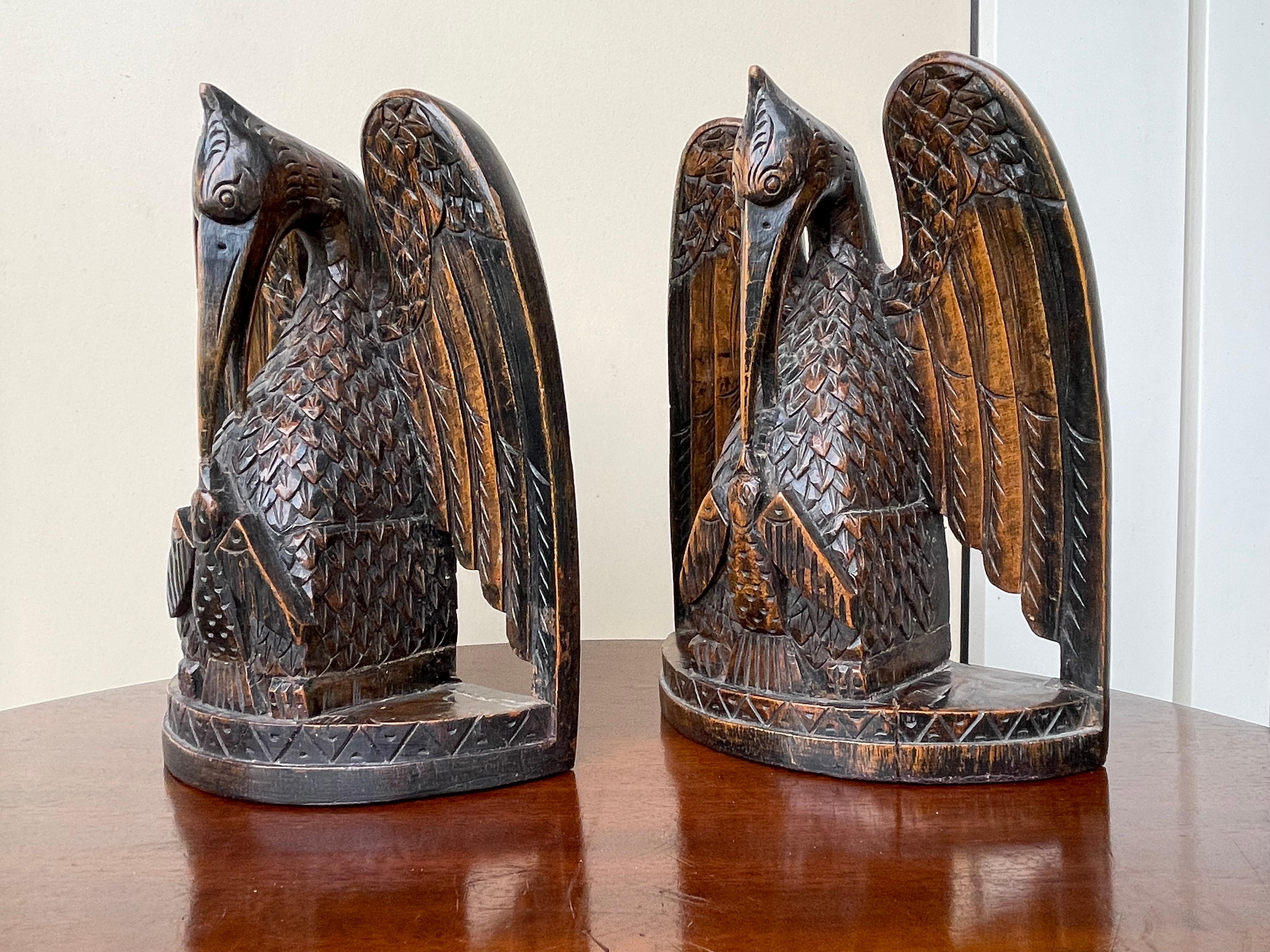 Antique Hand Carved Gothic Art Feeding Pelicans as Symbol of Christ Bookends 7
