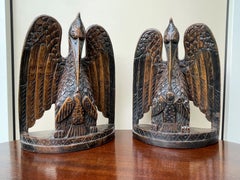 Antique Hand Carved Gothic Art Feeding Pelicans as Symbol of Christ Bookends
