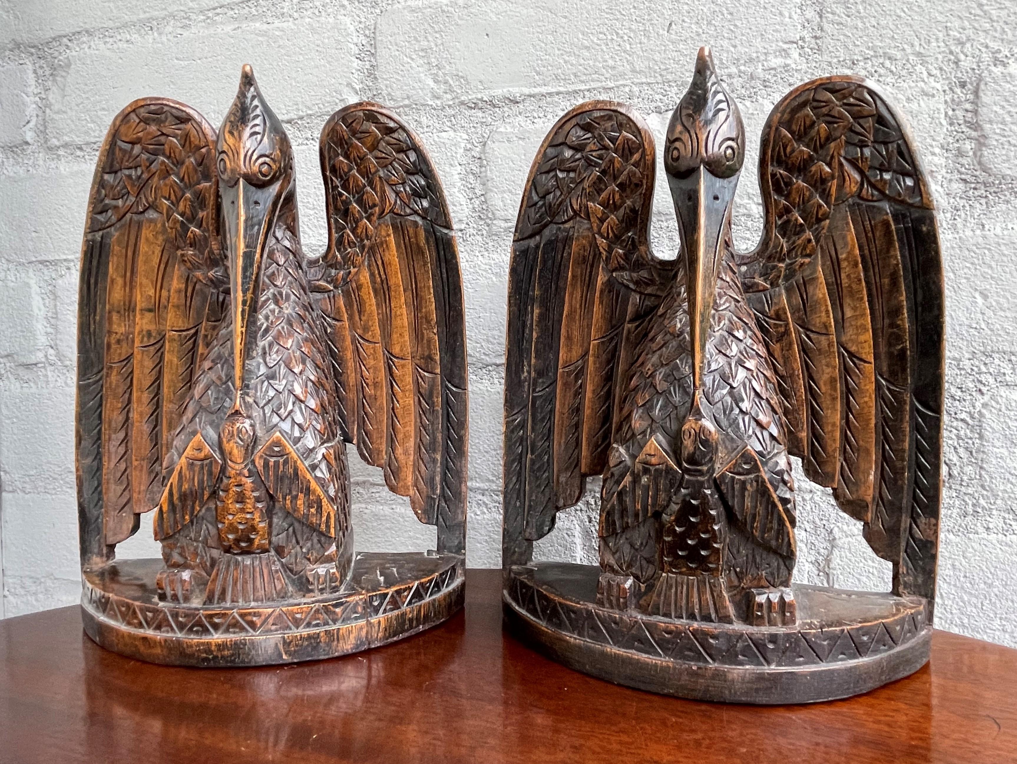 European Antique Hand Carved Gothic Art Feeding Pelicans as Symbol of Christ Bookends