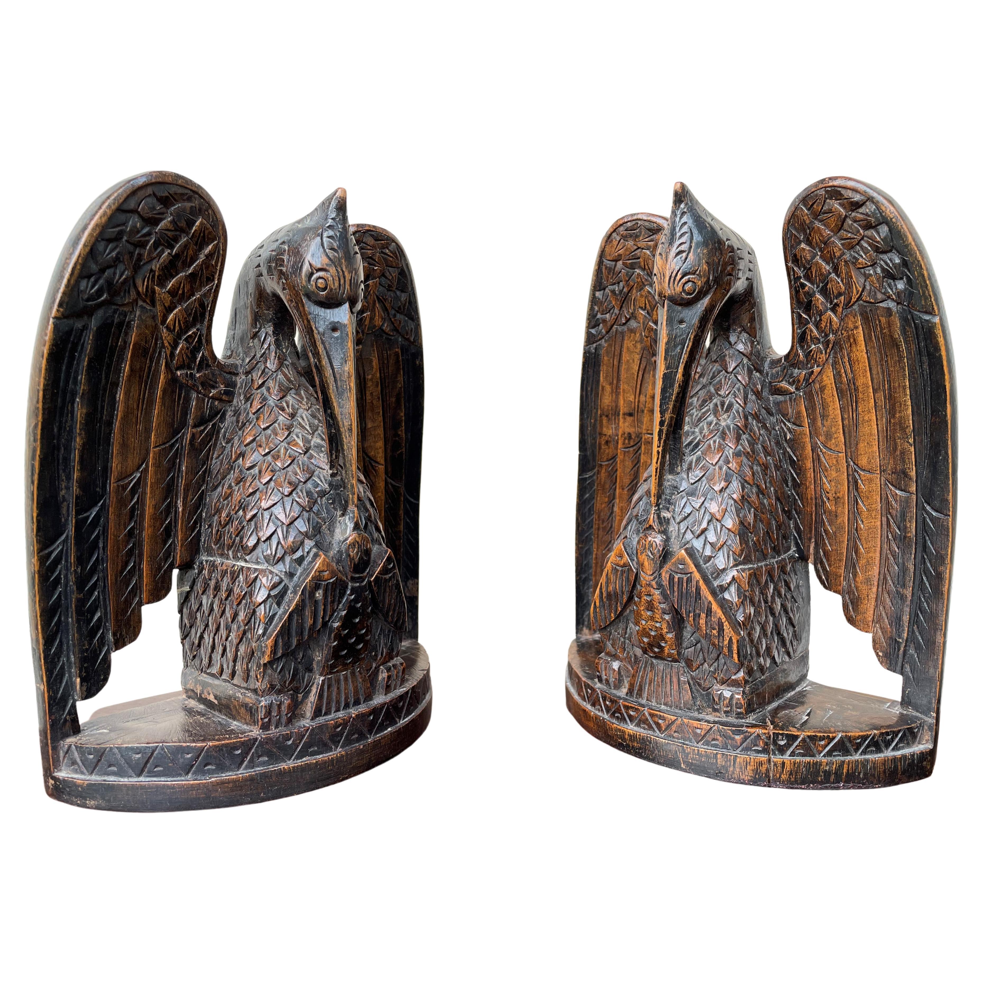 Antique Hand Carved Gothic Art Feeding Pelicans as Symbol of Christ Bookends