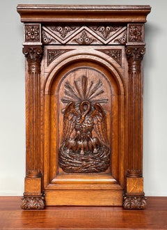 Antique Hand Carved Gothic Church Panel of Feeding Pelican as Symbol of Christ