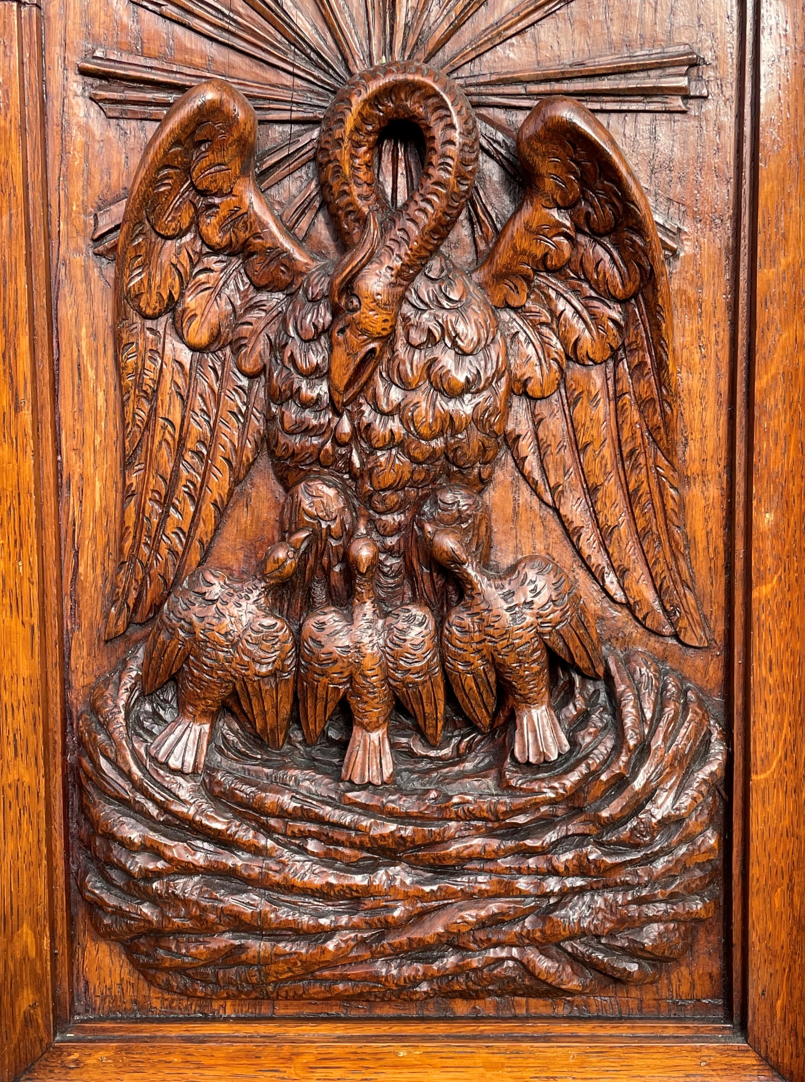 Gothic Revival Antique Hand Carved Gothic Church Panel of Feeding Pelican as Symbol of Christ