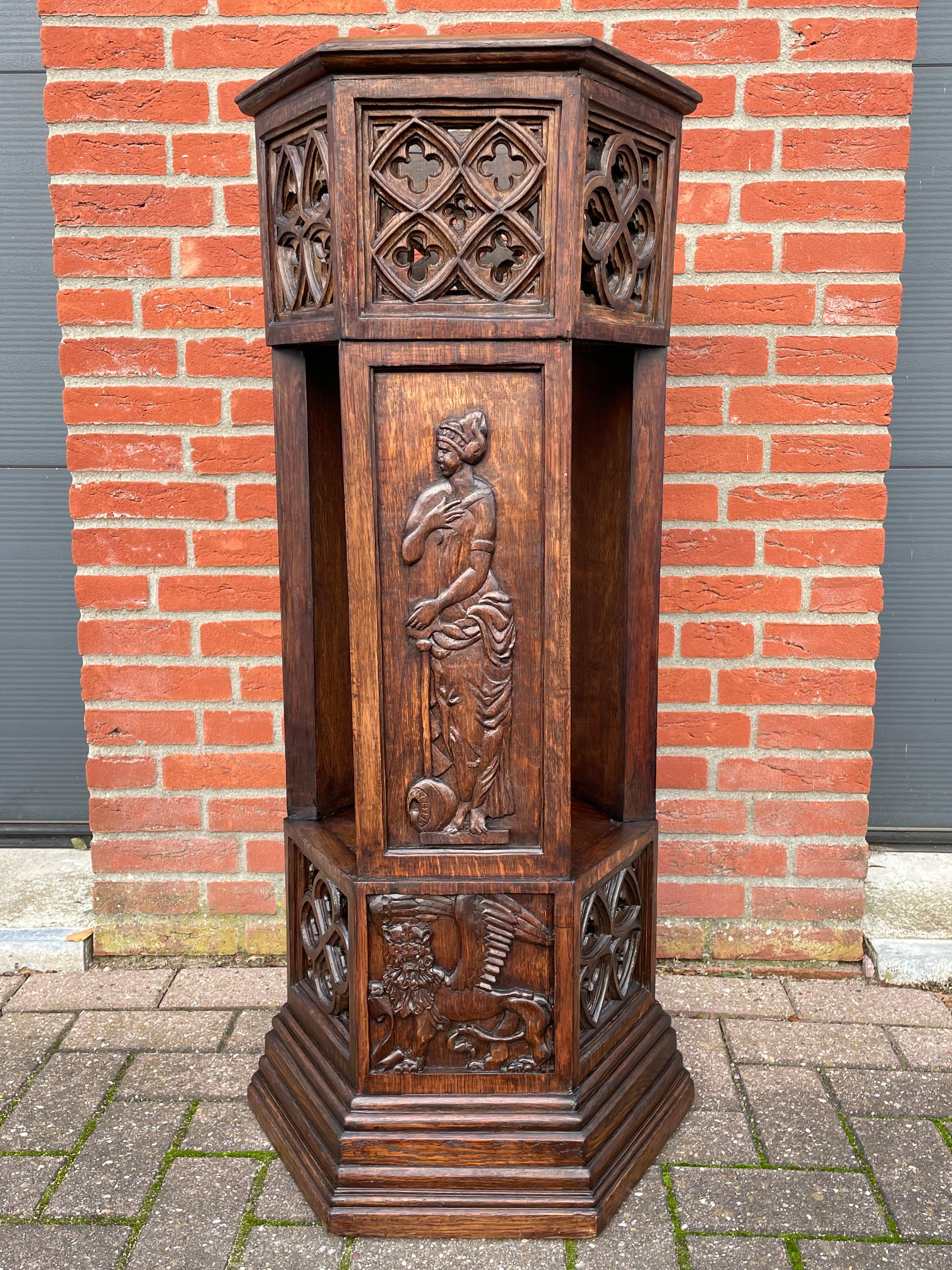 One of a kind and meaningful, Gothic Revival pedestal / planter / candle holder.

Finding unique antiques that are unlike anything we ever saw always makes us feel grateful. When we first saw this large, entirely handcrafted and handcarved column