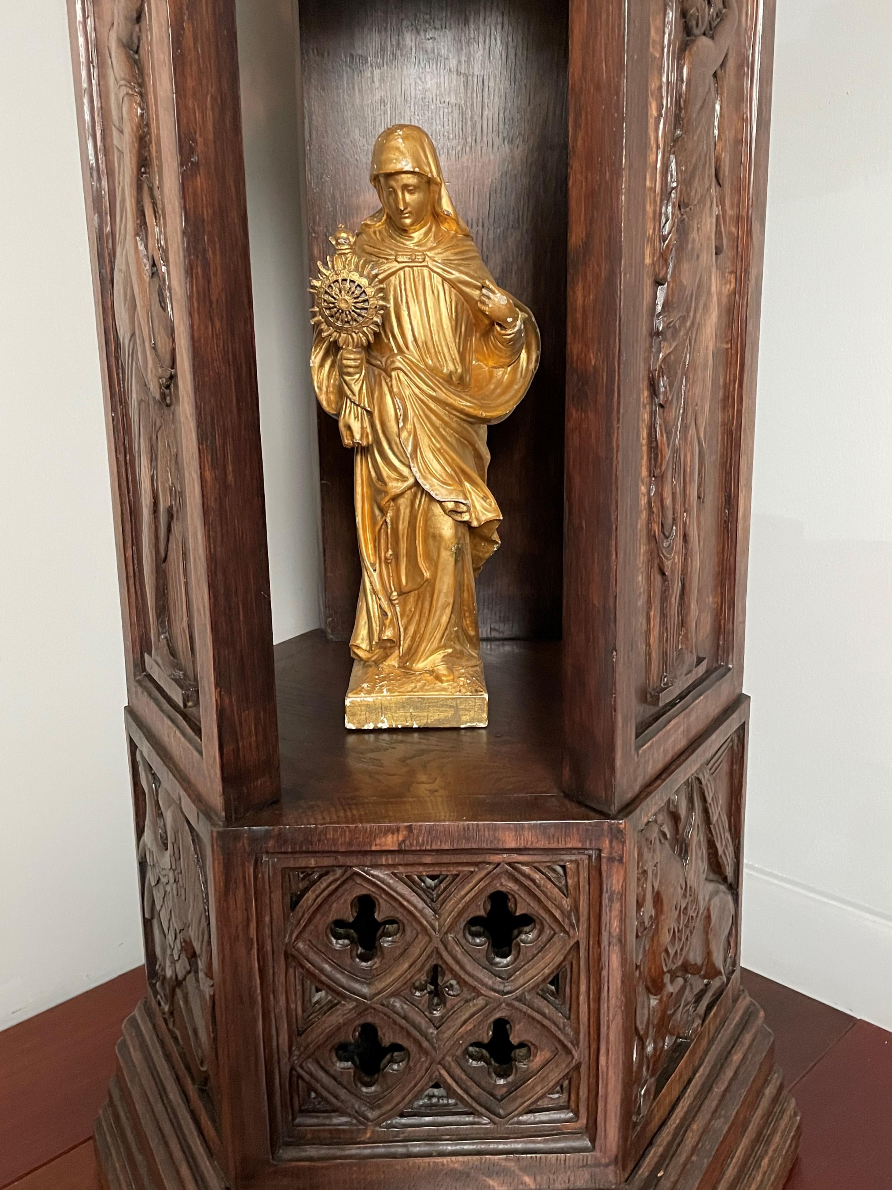 19th Century Antique Hand Carved Gothic Column Stand with Saint Luke, Mark & John Sculptures For Sale