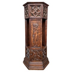 Antique Hand Carved Gothic Column Stand with Saint Luke, Mark & John Sculptures