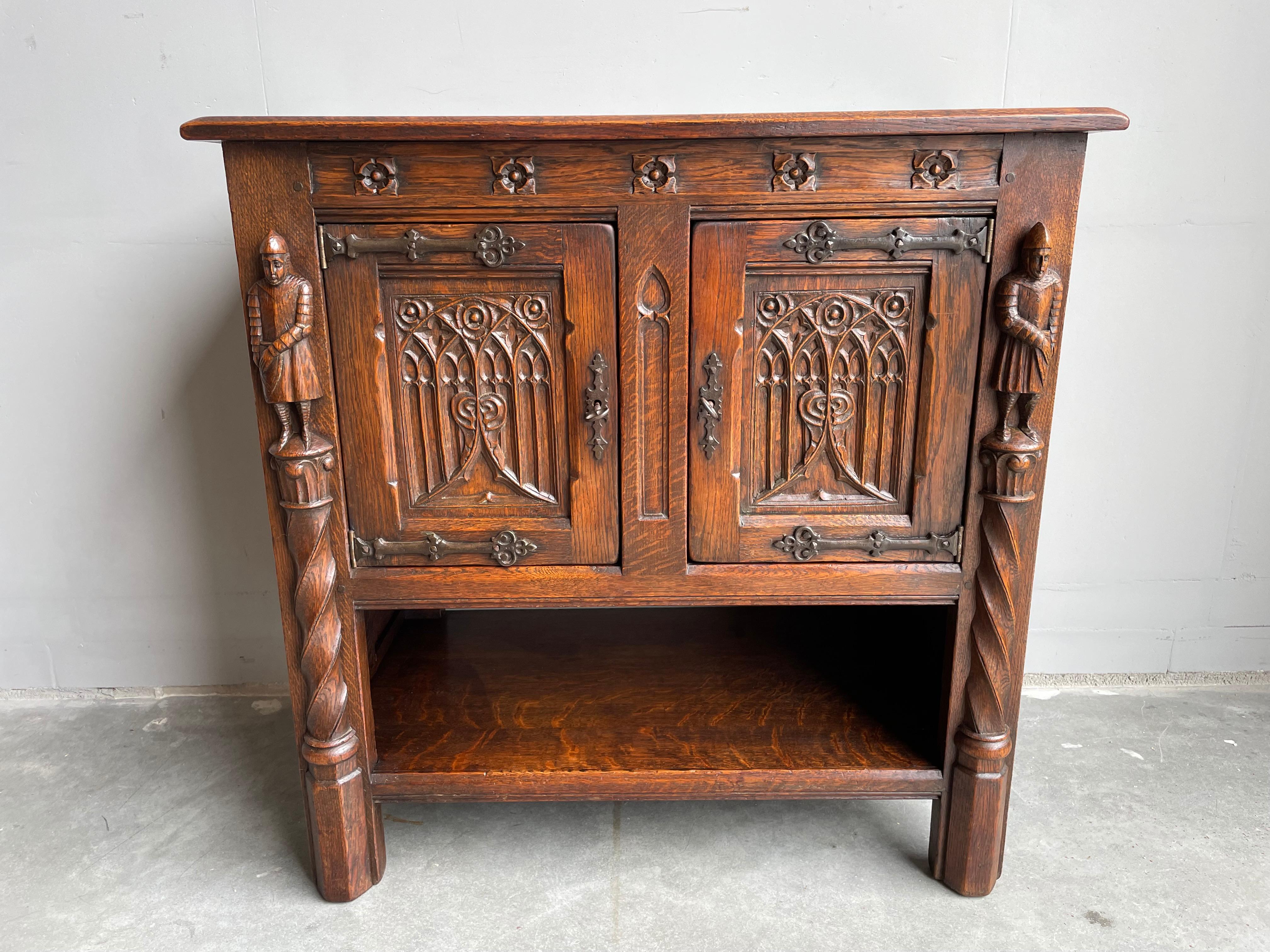 Antique Hand Carved Gothic Oak Cabinet / Small Credenza with Knight Sculptures 3