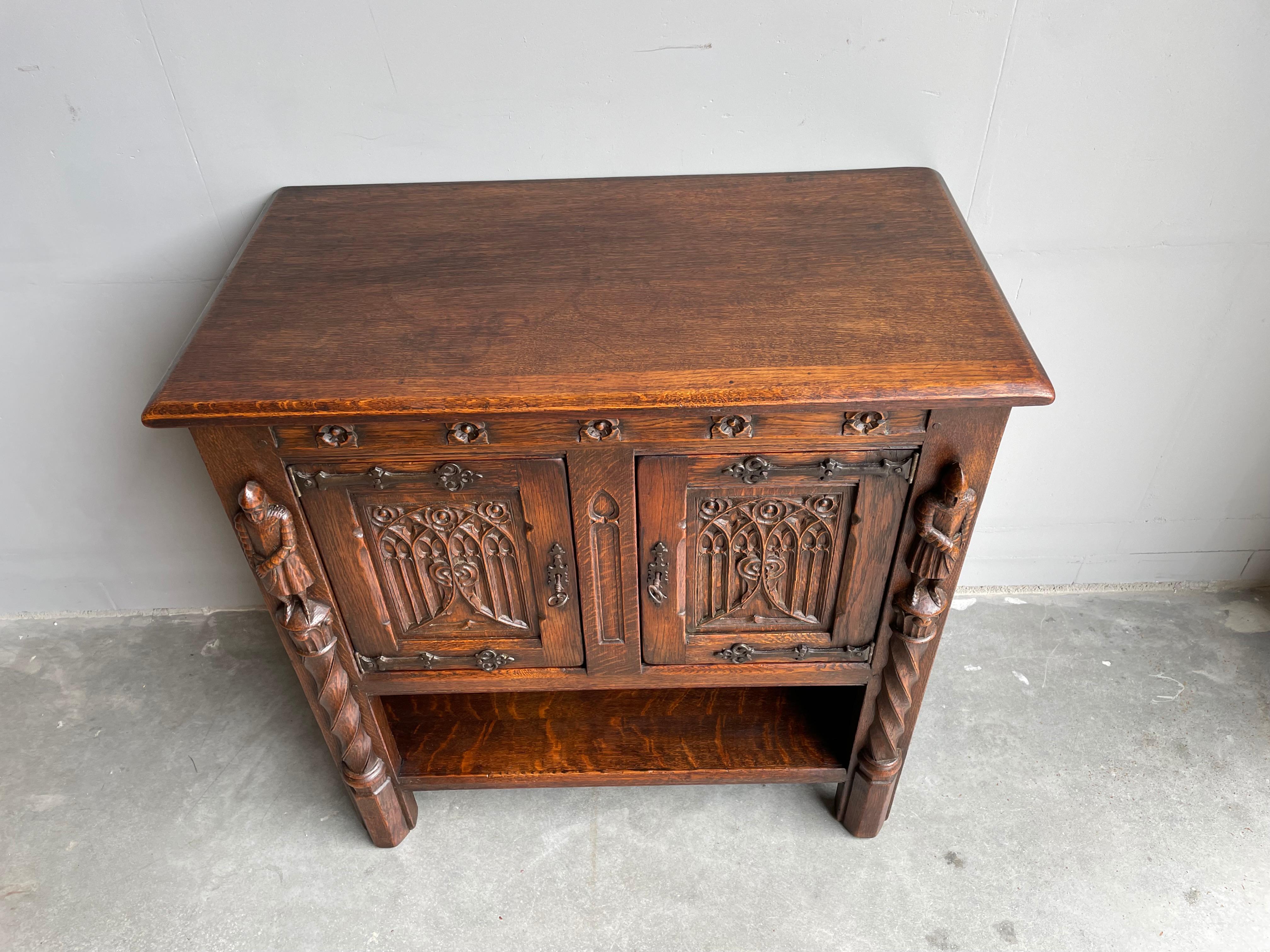 Antique Hand Carved Gothic Oak Cabinet / Small Credenza with Knight Sculptures 4