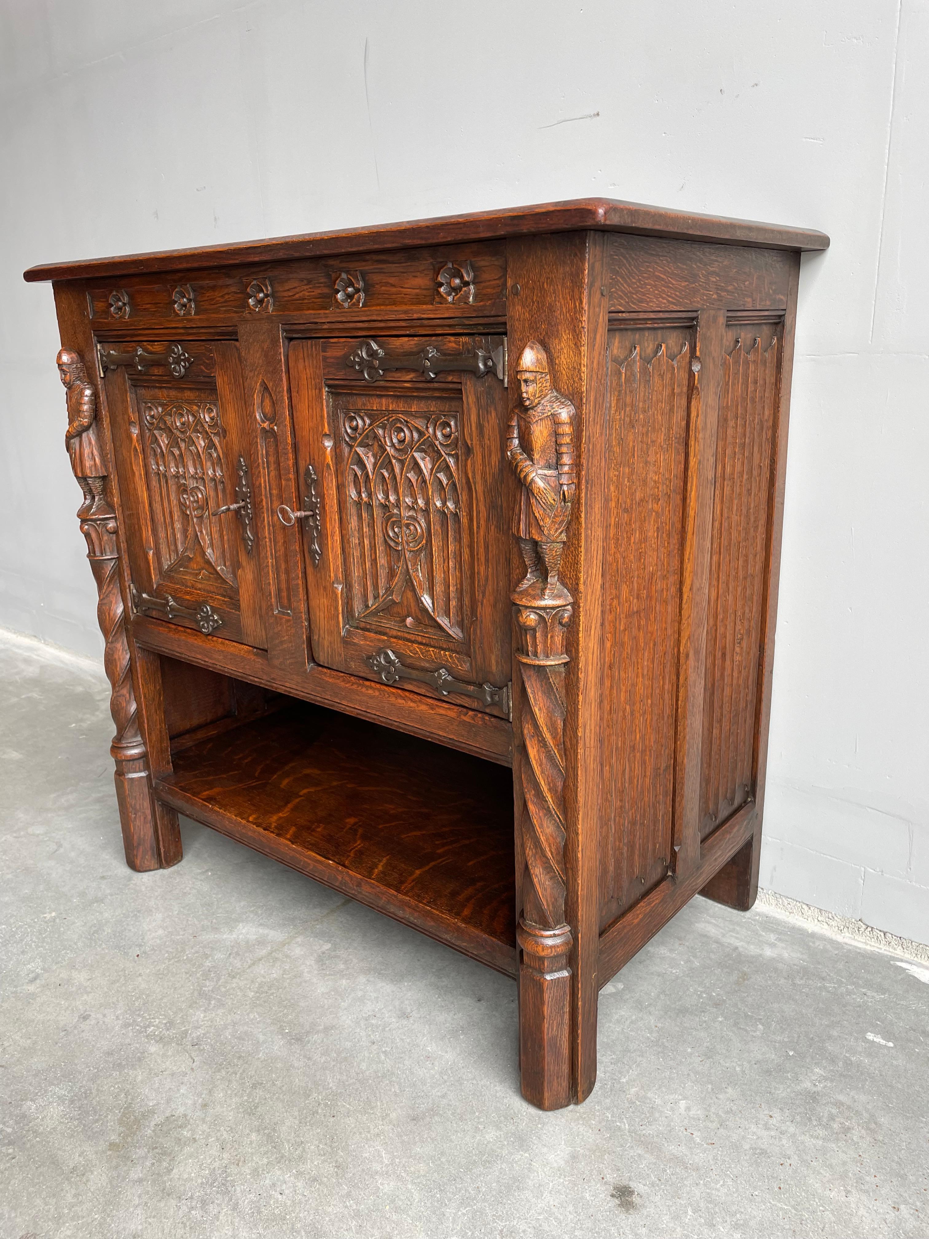 Antique Hand Carved Gothic Oak Cabinet / Small Credenza with Knight Sculptures 5