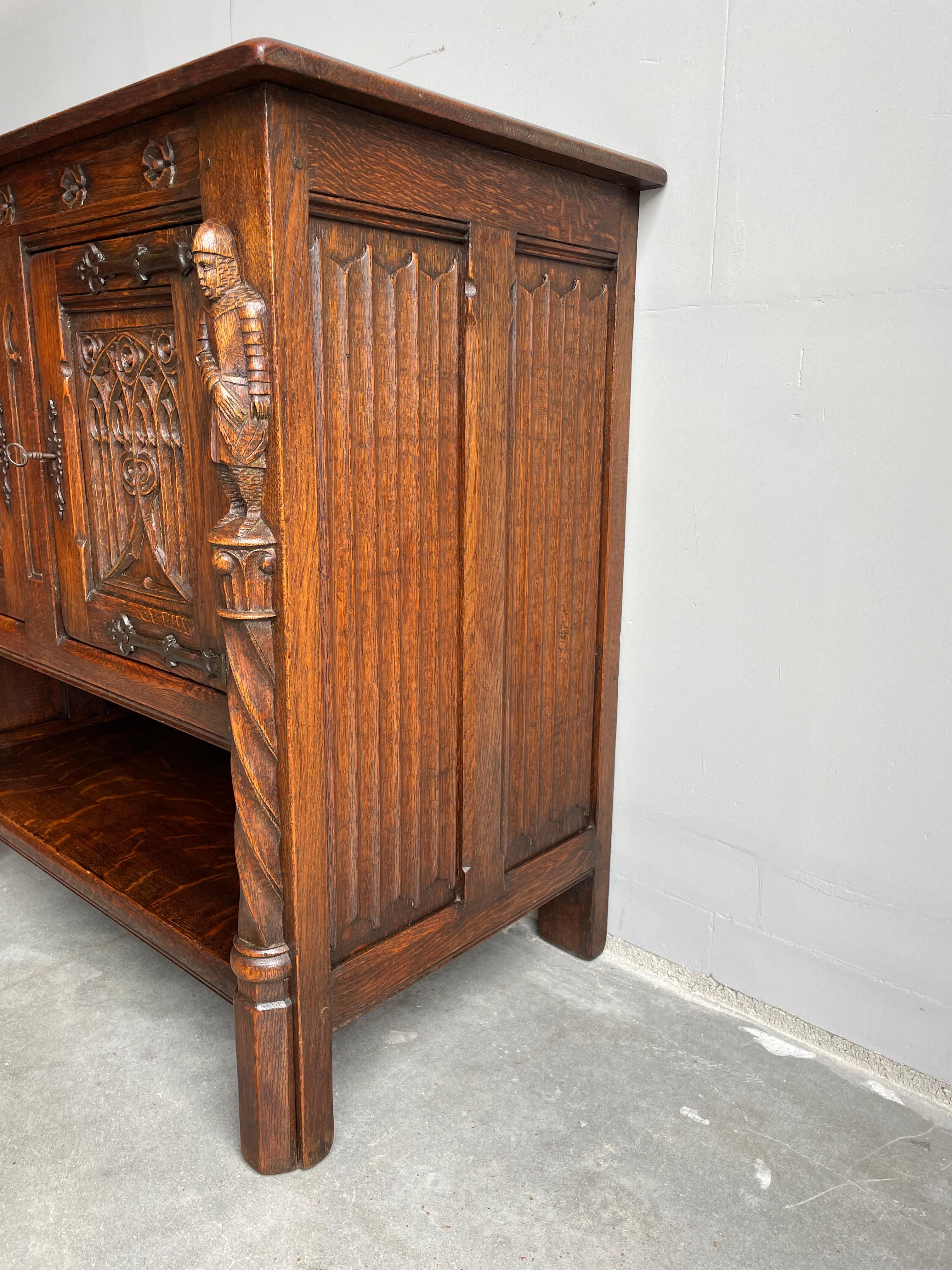 Antique Hand Carved Gothic Oak Cabinet / Small Credenza with Knight Sculptures 6