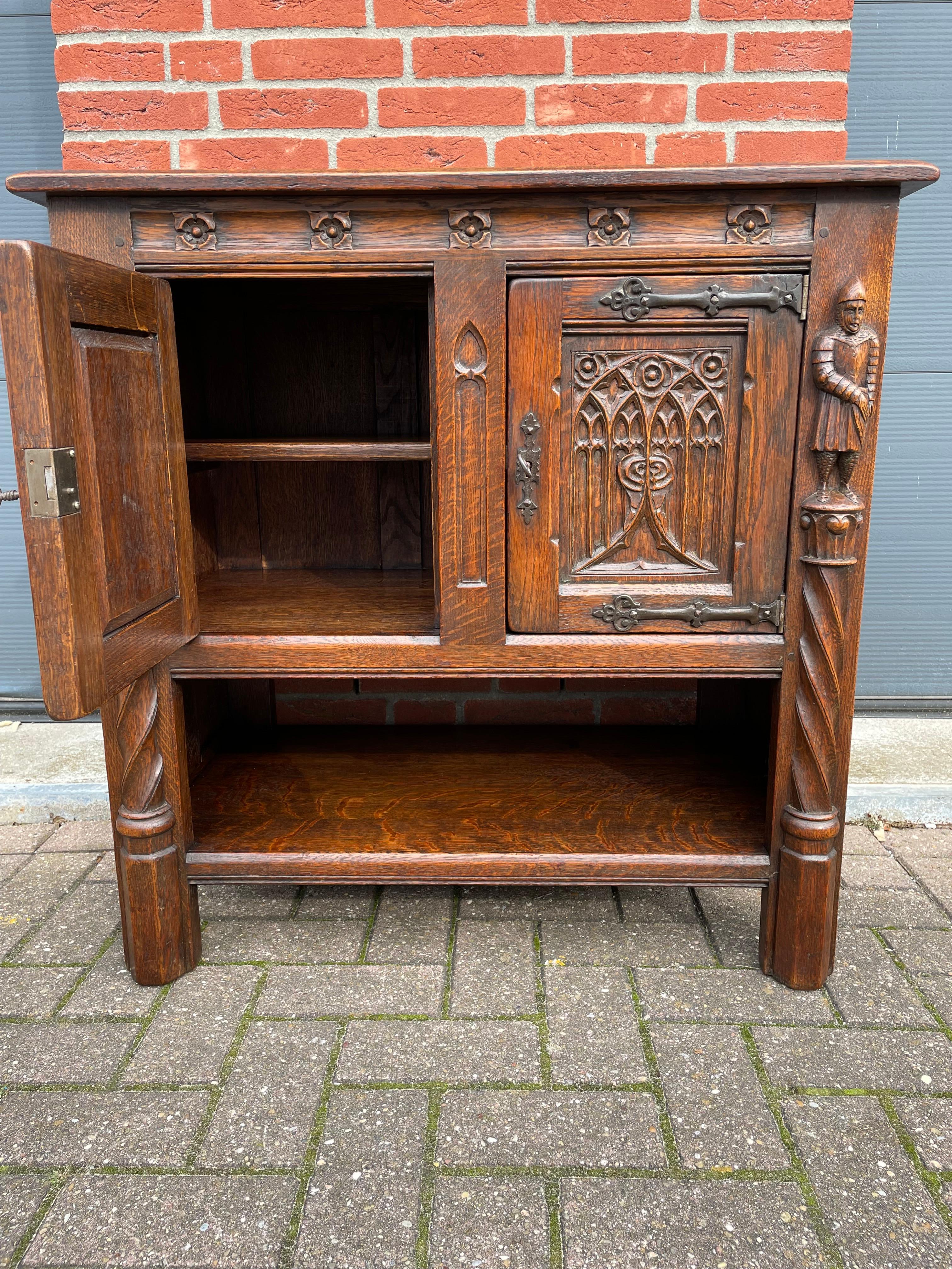 Forged Antique Hand Carved Gothic Oak Cabinet / Small Credenza with Knight Sculptures
