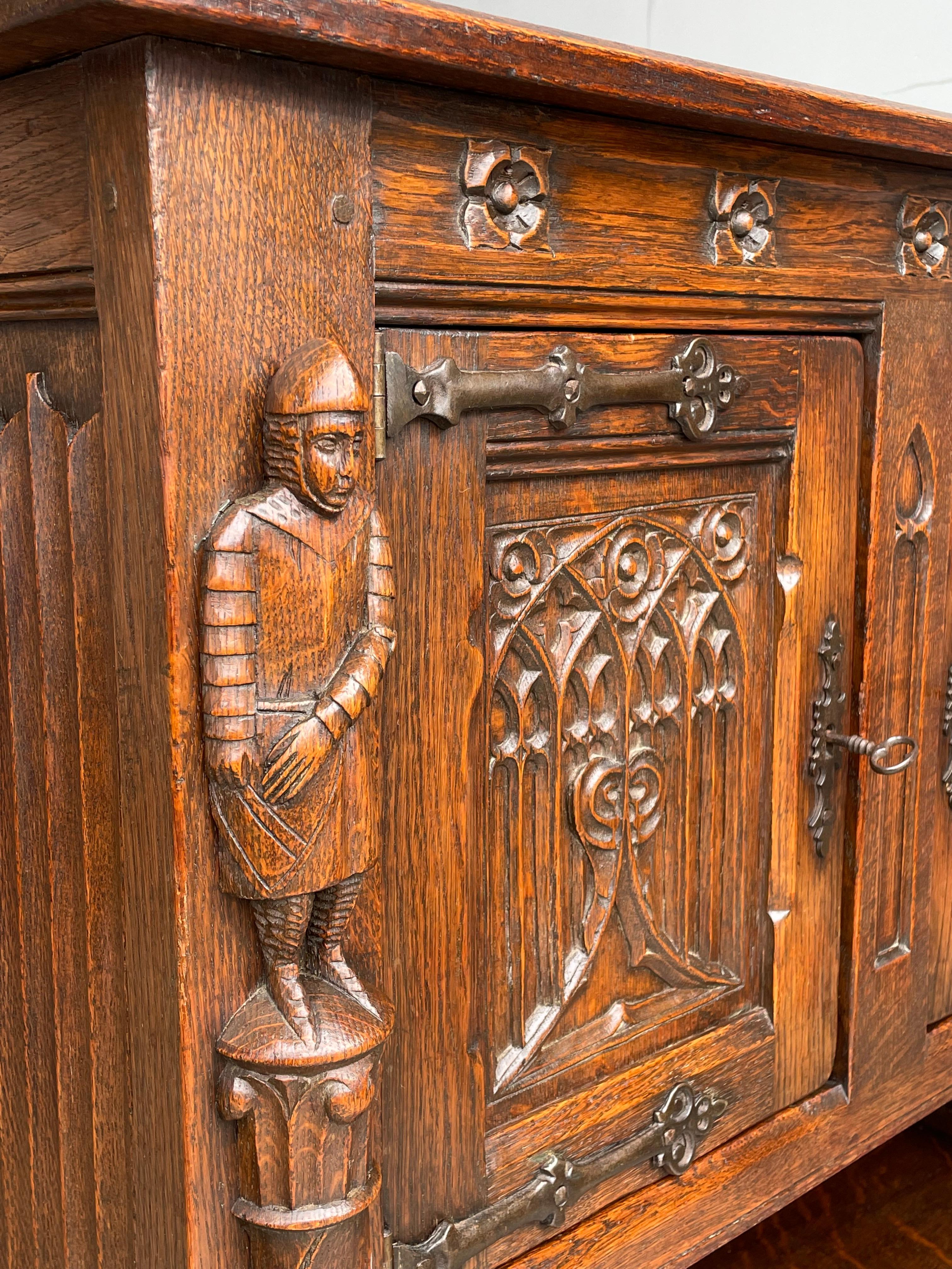 Iron Antique Hand Carved Gothic Oak Cabinet / Small Credenza with Knight Sculptures