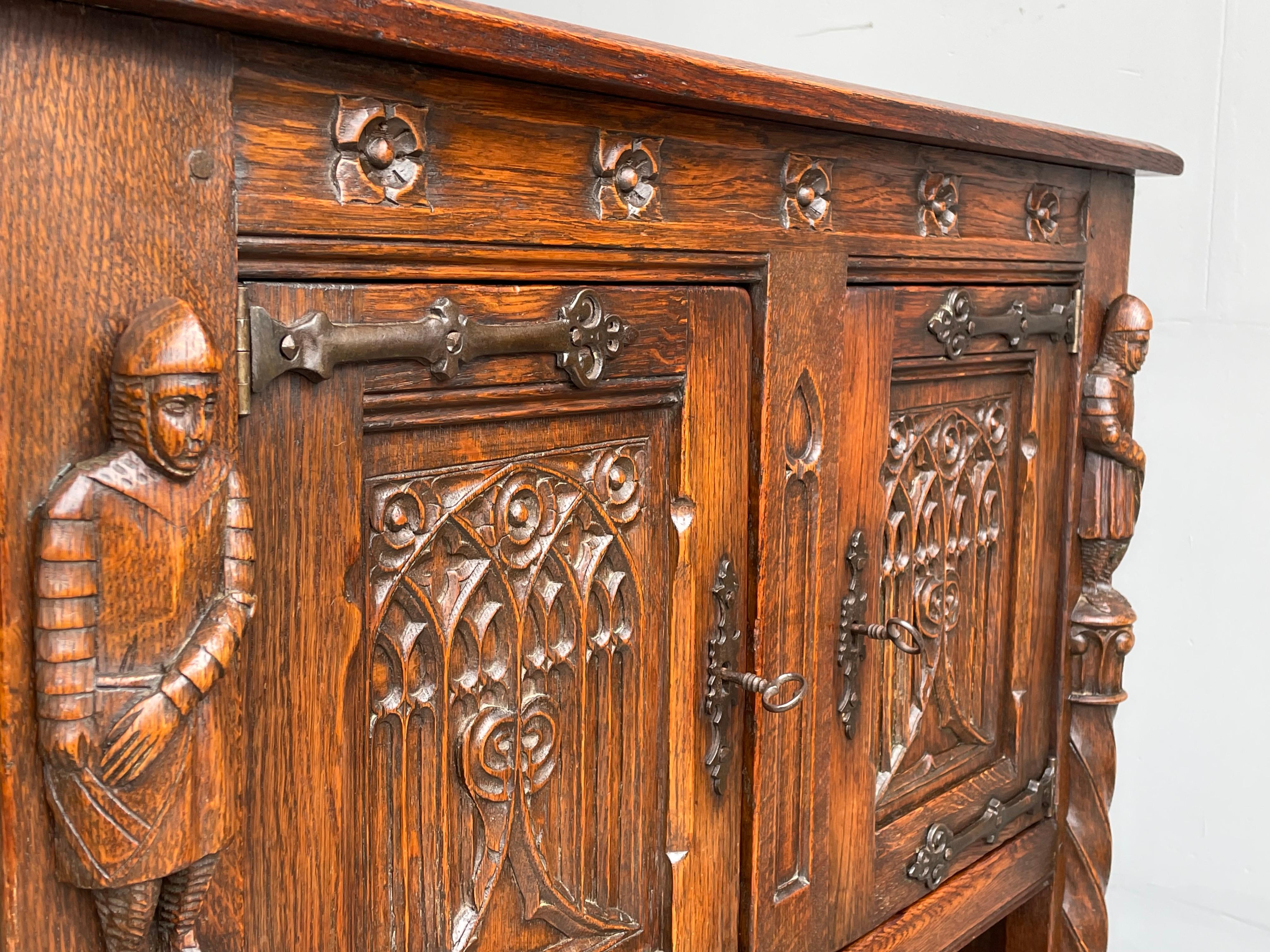 Antique Hand Carved Gothic Oak Cabinet / Small Credenza with Knight Sculptures 1