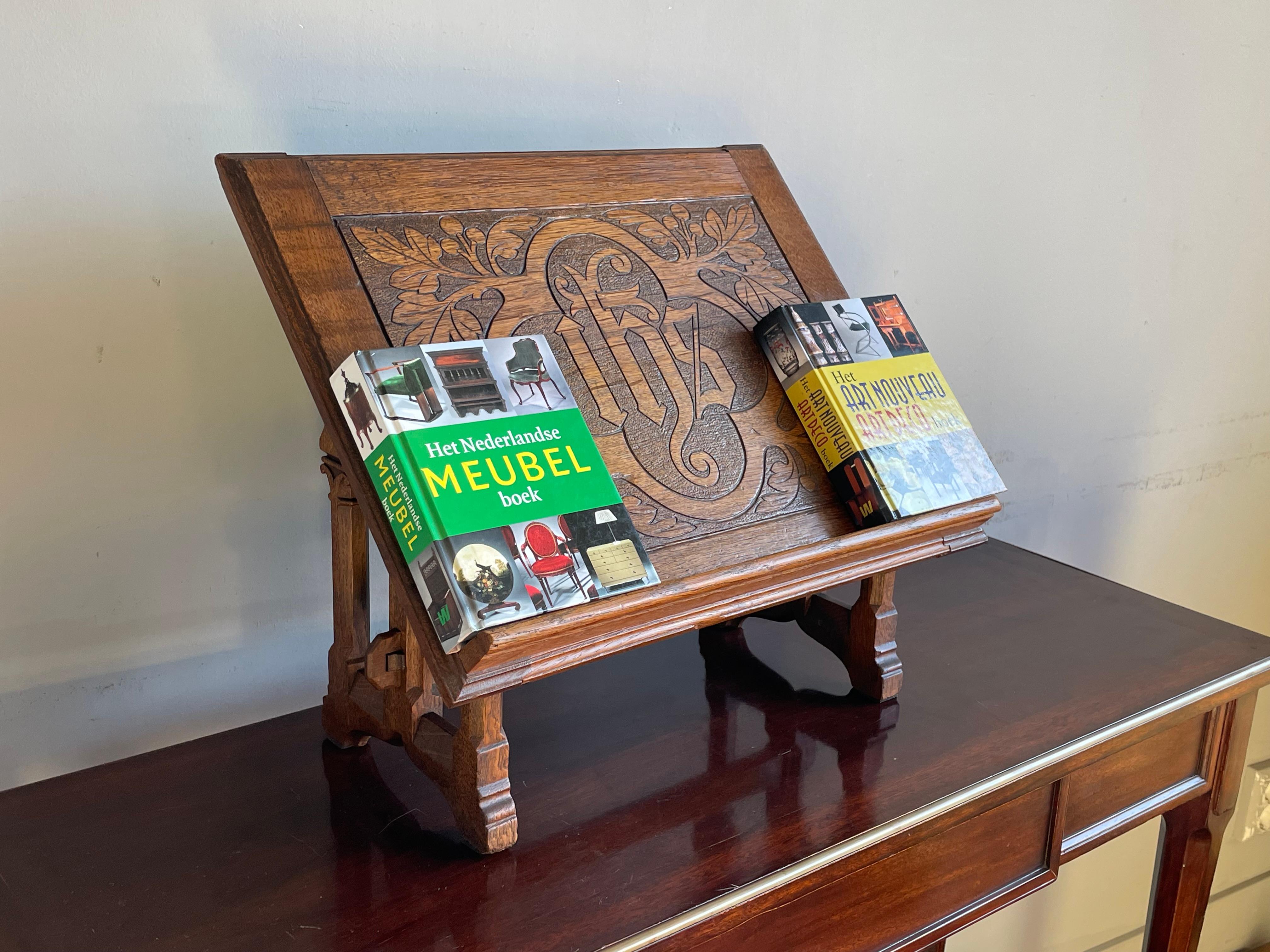 Antique Hand Carved Gothic Revival Bible Stand / Church Book Stand w. IHS Symbol 9