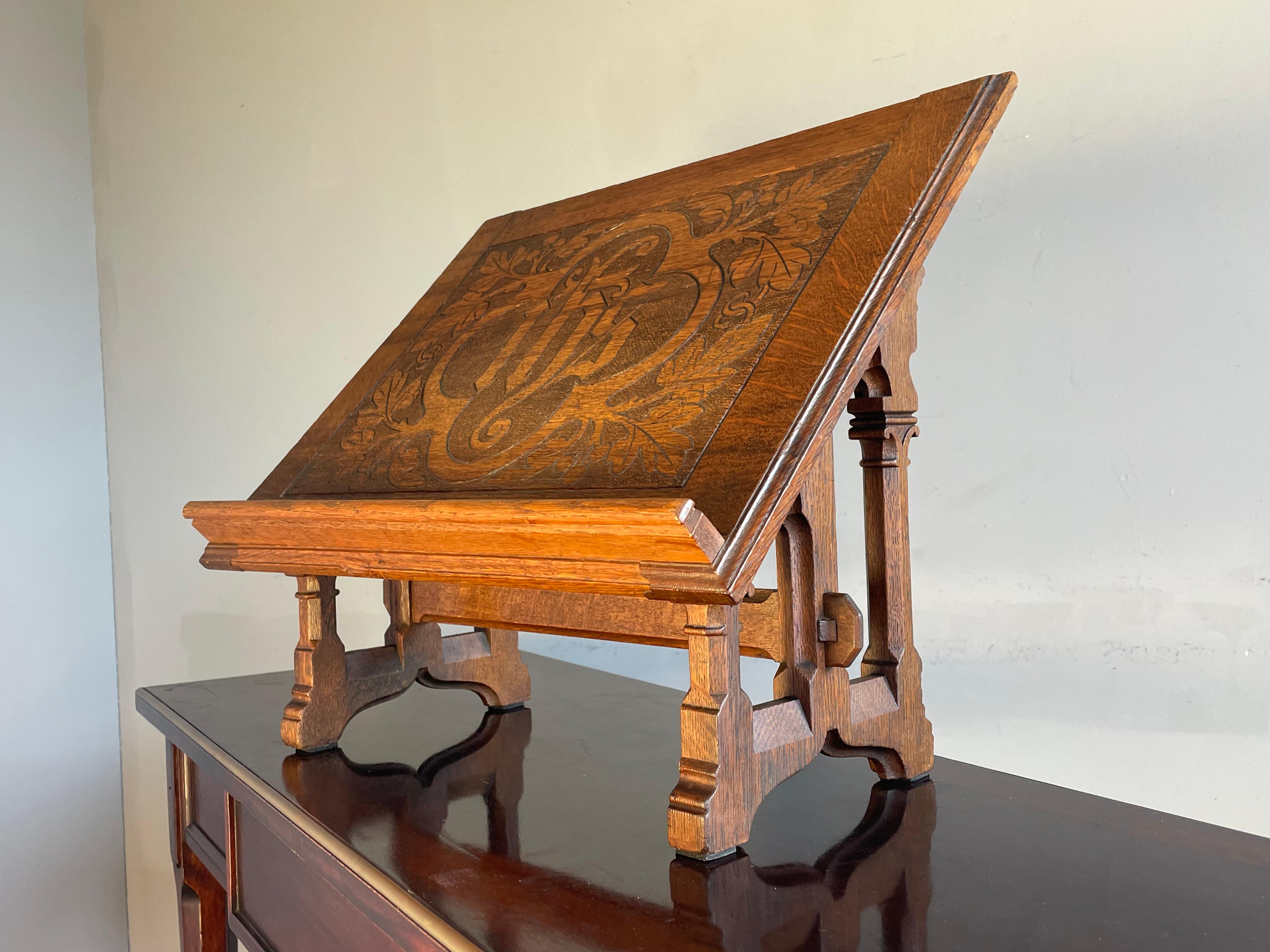 Antique Hand Carved Gothic Revival Bible Stand / Church Book Stand w. IHS Symbol 11