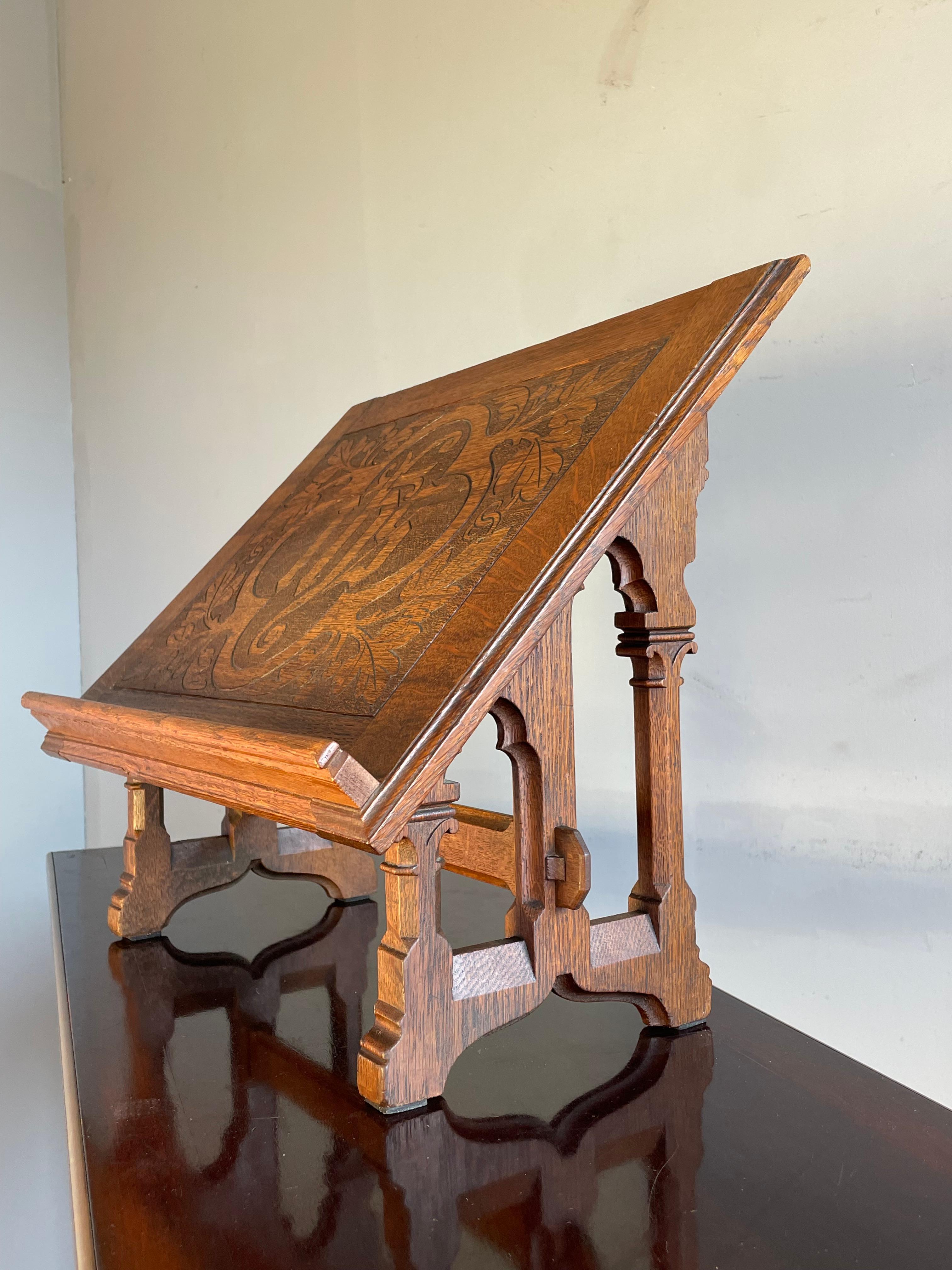 European Antique Hand Carved Gothic Revival Bible Stand / Church Book Stand w. IHS Symbol