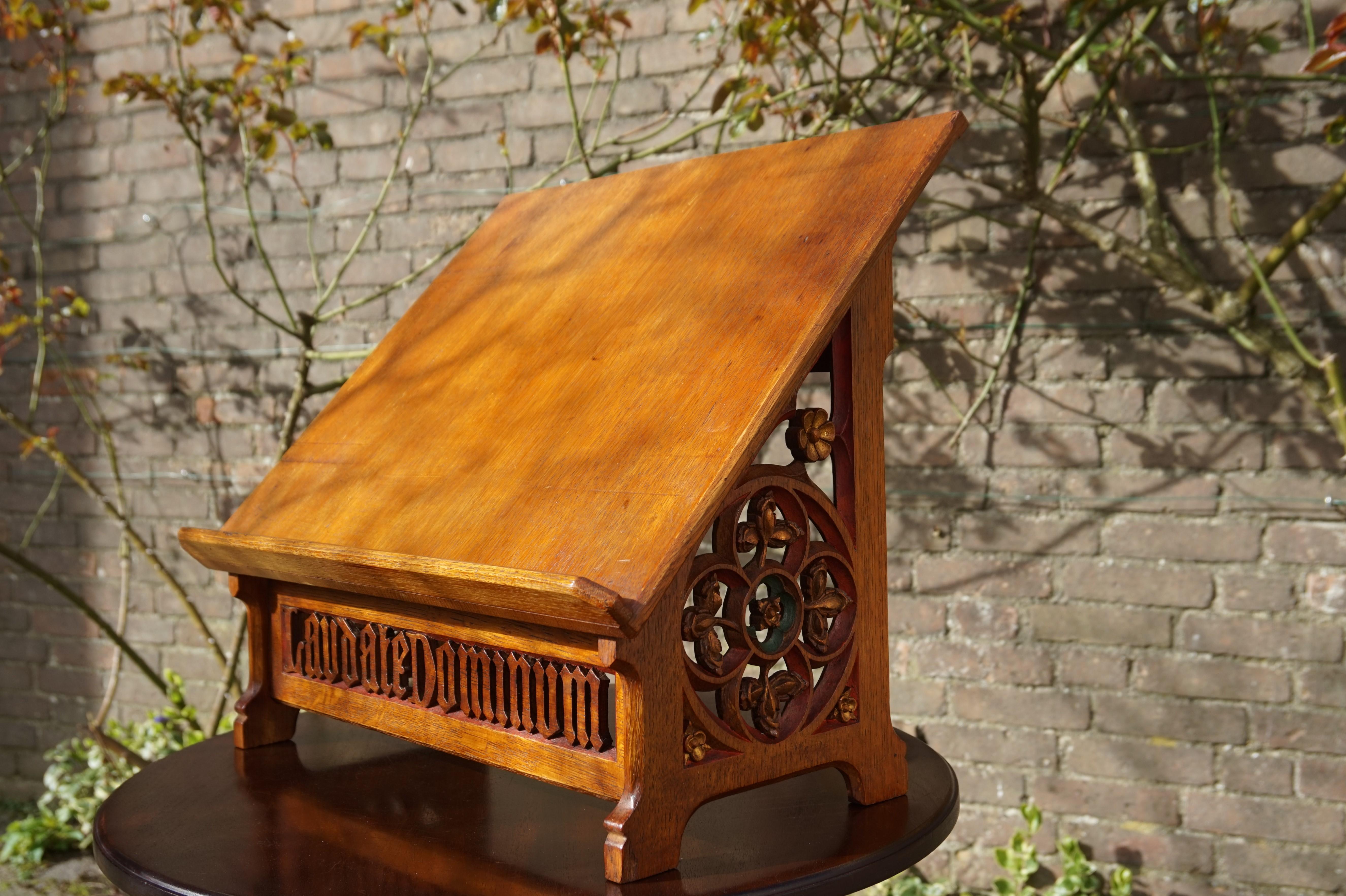 Hand-Carved Antique Hand Carved Gothic Revival Bible Stand w. Praise the Lord Text in Latin