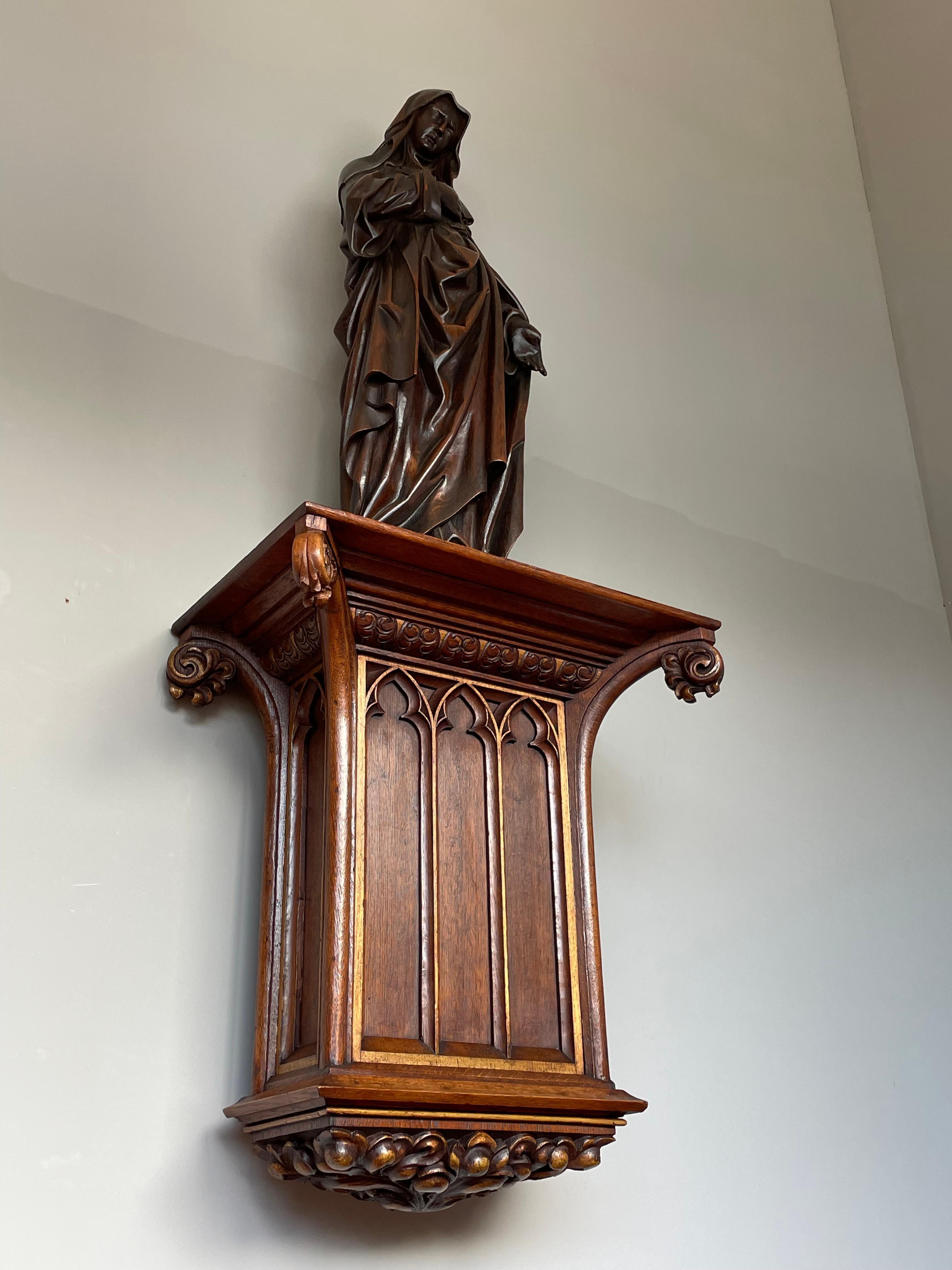 Antique Hand Carved Gothic Revival Church Wall Bracket / Saint Statue Console 1