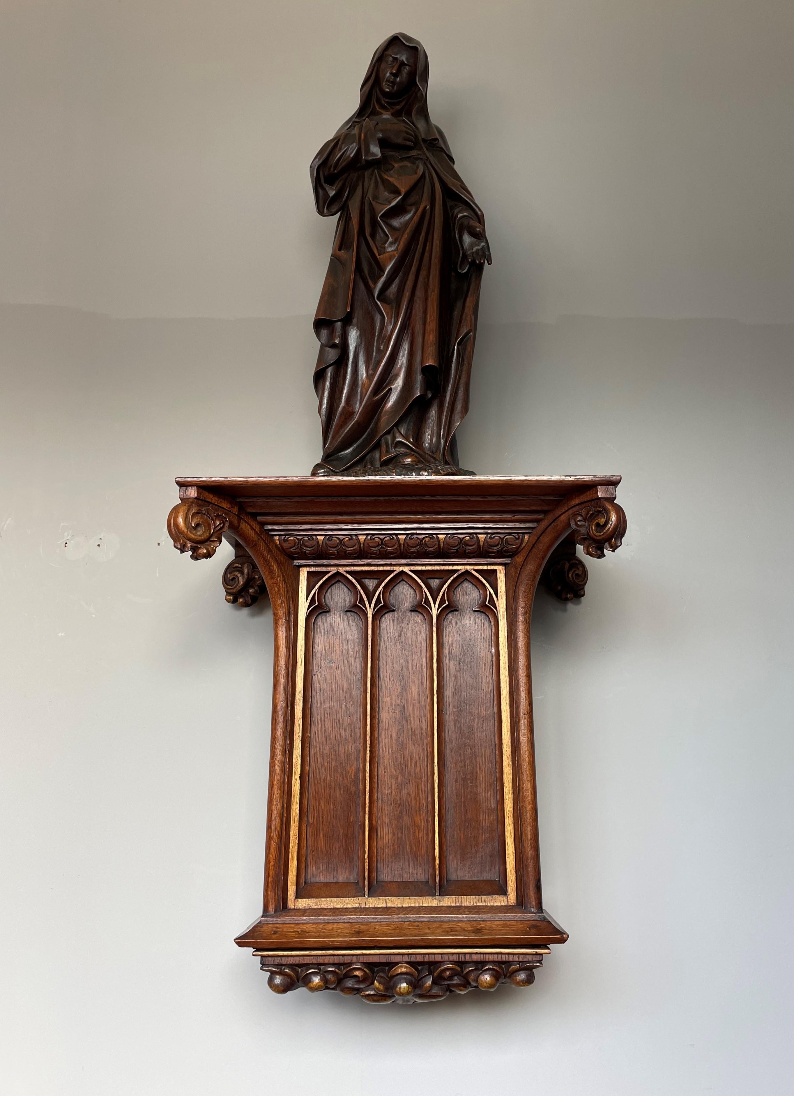 Antique Hand Carved Gothic Revival Church Wall Bracket / Saint Statue Console 2