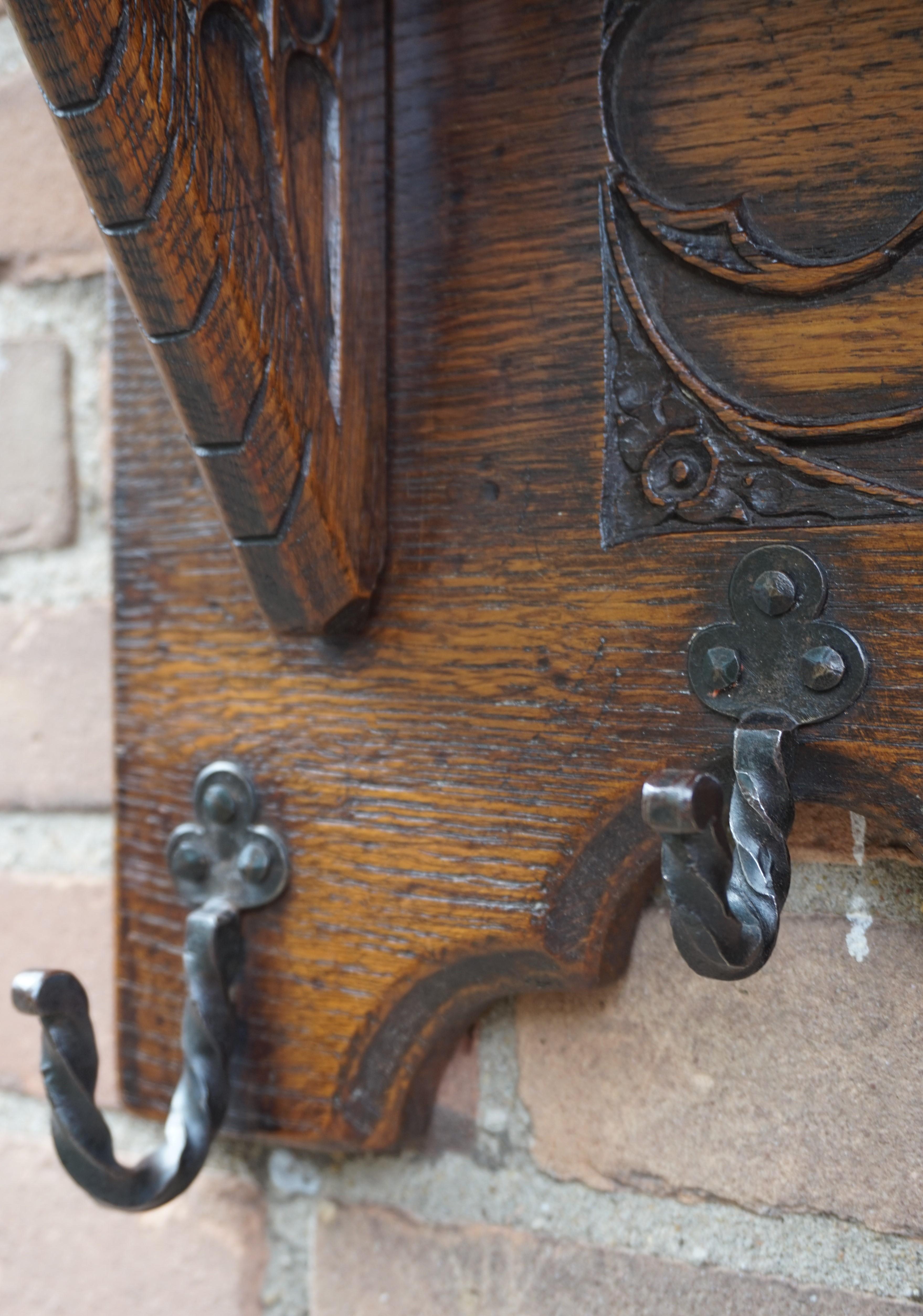 Antique Hand Carved Gothic Revival Coat Rack with Hand Forged Wrought Iron Hooks 4