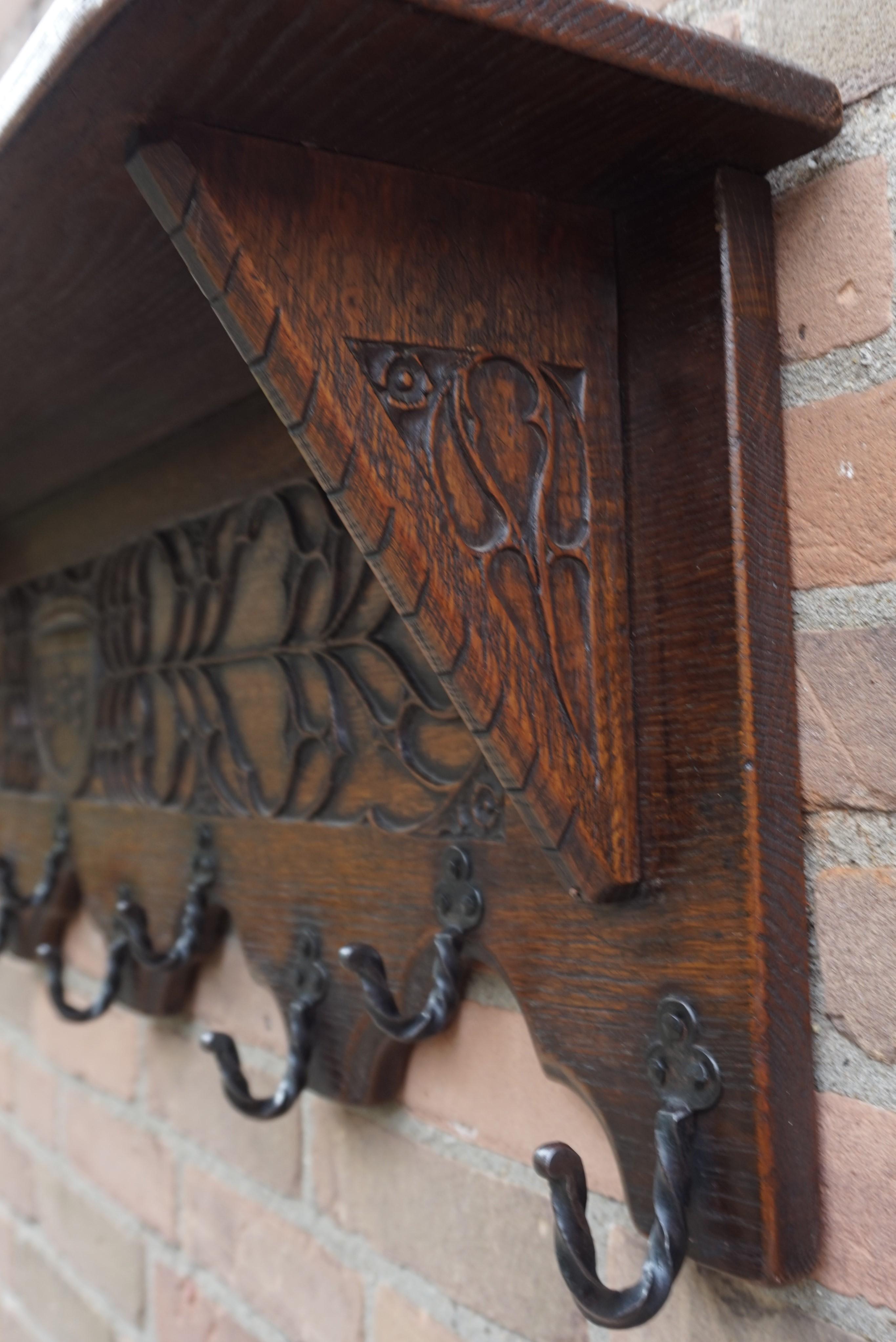 Antique Hand Carved Gothic Revival Coat Rack with Hand Forged Wrought Iron Hooks 6