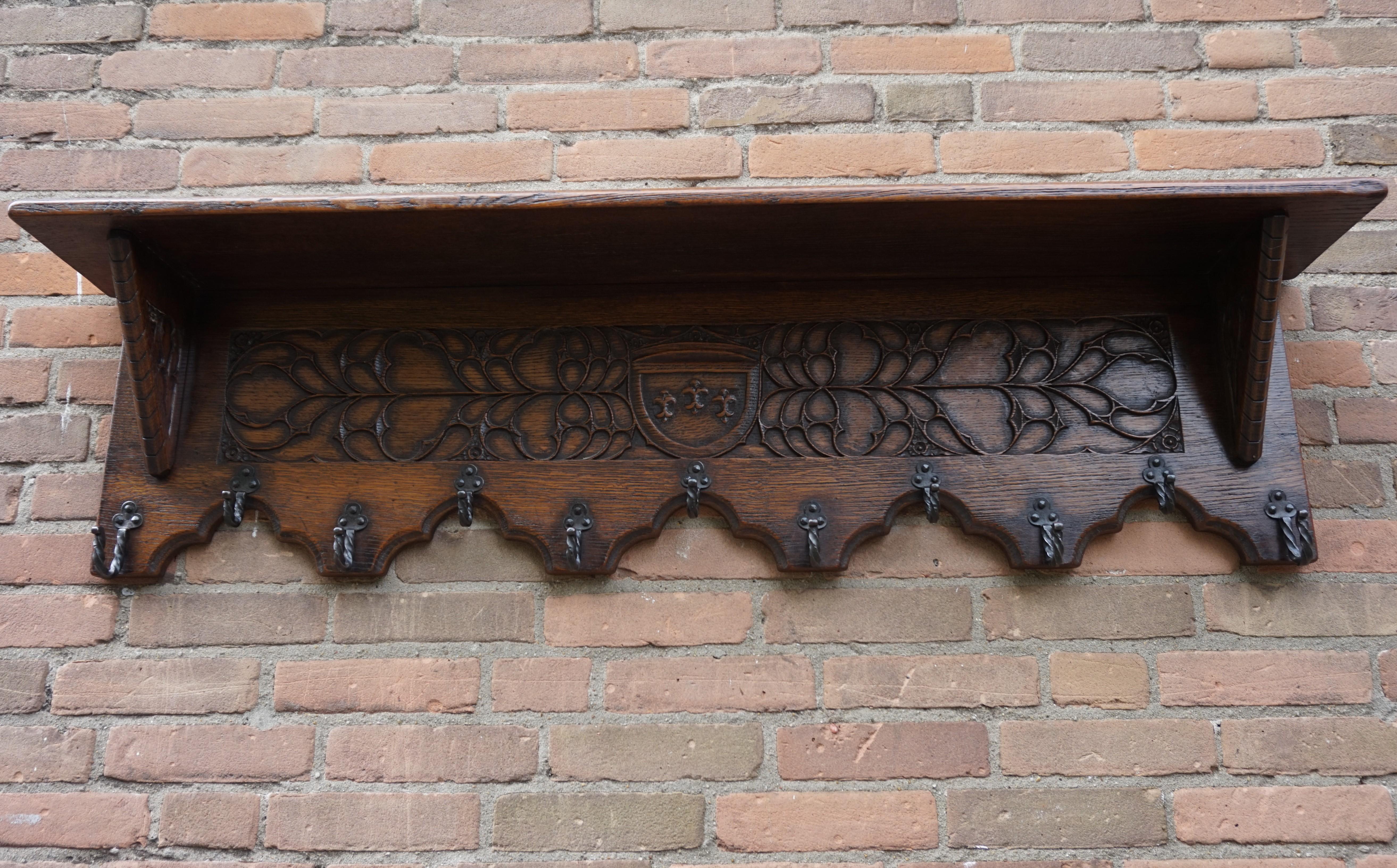 Antique Hand Carved Gothic Revival Coat Rack with Hand Forged Wrought Iron Hooks 8