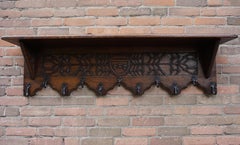 Antique Hand Carved Gothic Revival Coat Rack with Hand Forged Wrought Iron Hooks