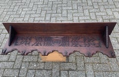 Antique Hand Carved Gothic Revival Coat Rack with Hand Forged Wrought Iron Hooks