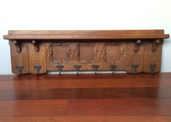 Antique Hand Carved Gothic Revival Coat Rack with Hand Forged Wrought Iron Hooks